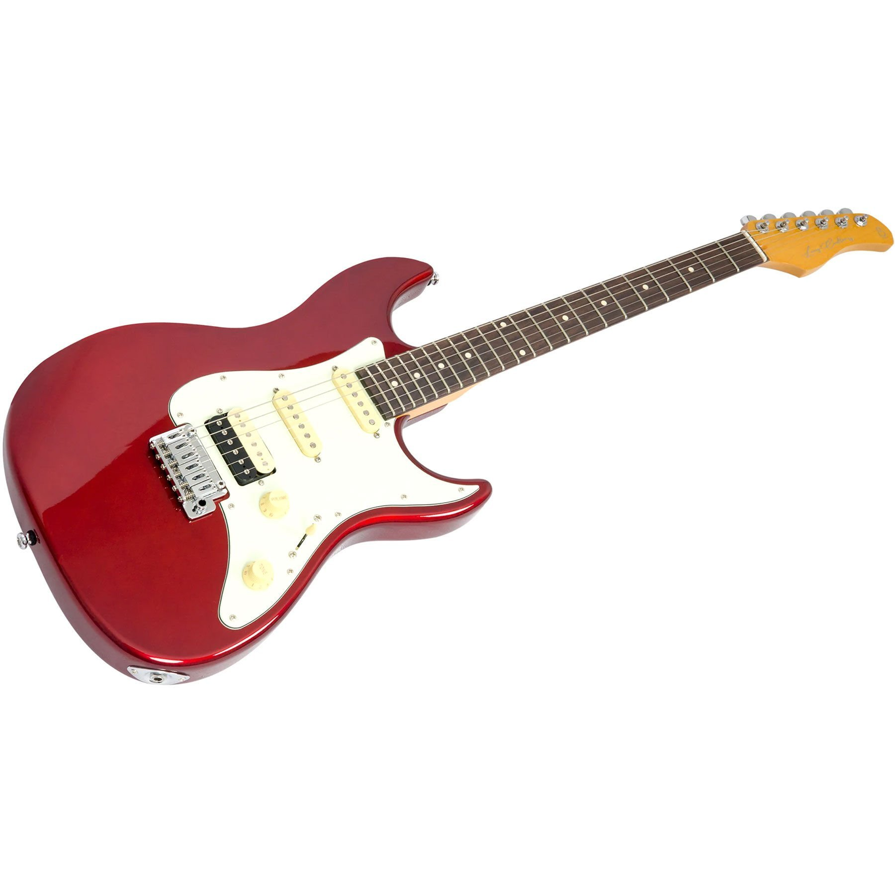 Beyaz pena korumalı ve gümüş donanımlı kırmızı elektro gitar.