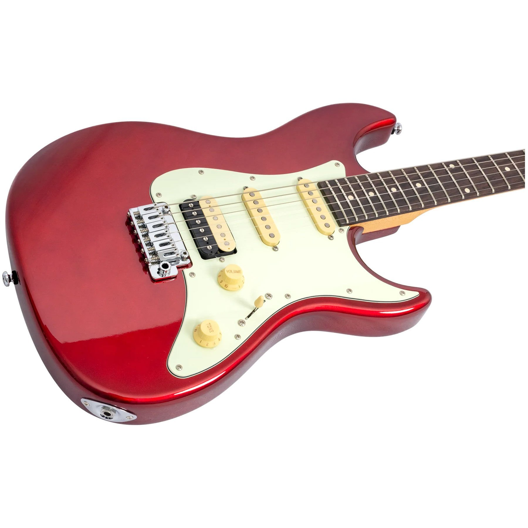 Beyaz pena korumalı, üç manyetikli, gümüş köprülü kırmızı elektro gitar.