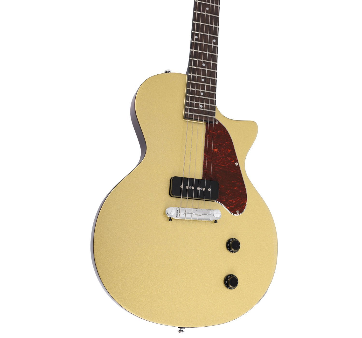 Kaplumbağa kabuğu pena ve siyah düğmeli altın rengi elektro gitar.