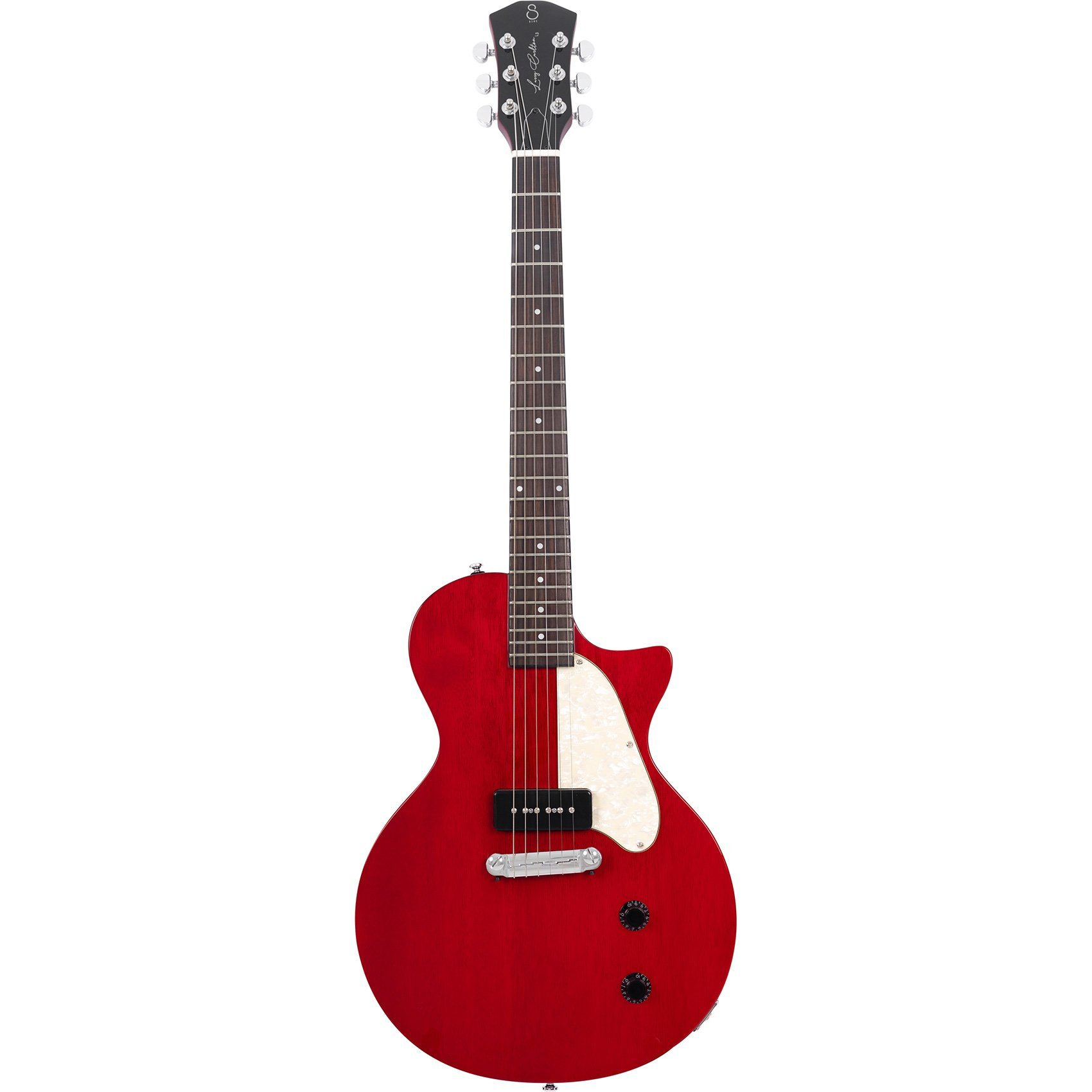 Gümüş köprülü, iki siyah düğmeli, beyaz pena korumalı kırmızı elektro gitar.