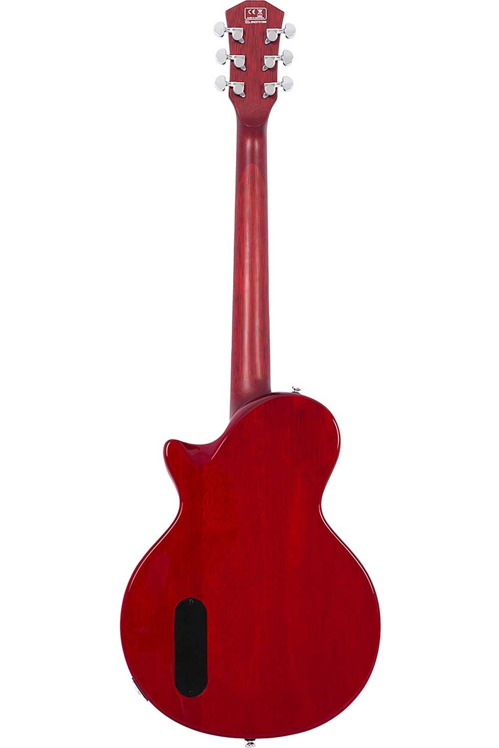 Gümüş burgulu ve CE işaretli kırmızı elektro gitarın arkası.