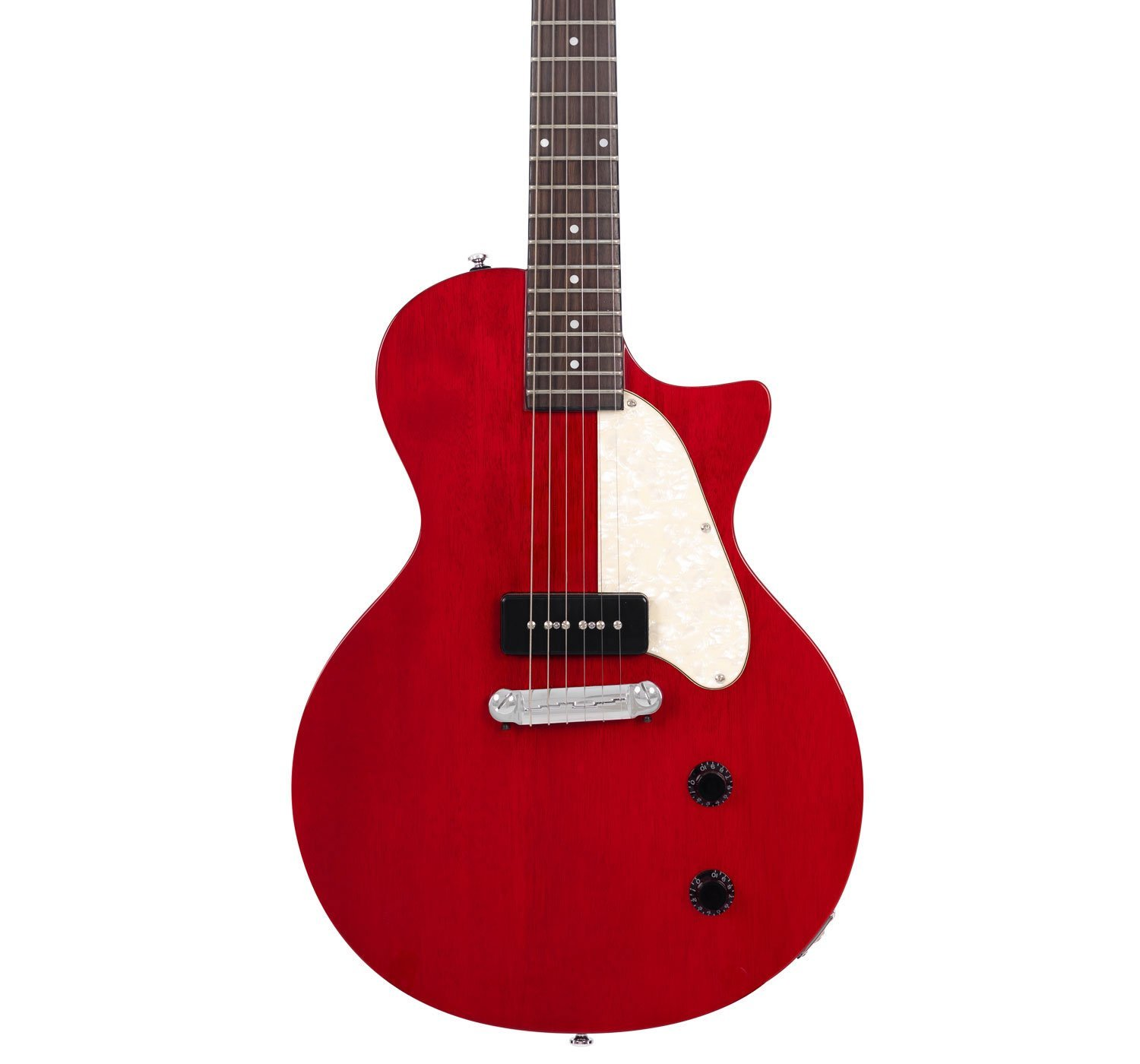 Beyaz pena korumalı ve siyah düğmeli kırmızı elektro gitar.