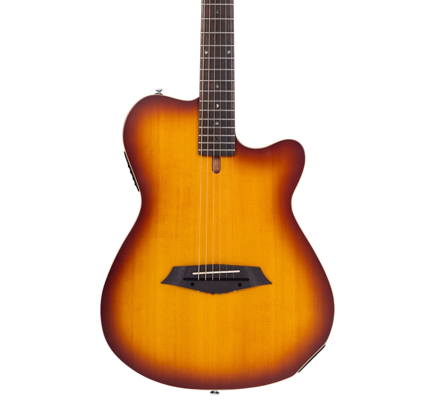Güneş patlaması bitişli ve siyah köprülü akustik gitar.