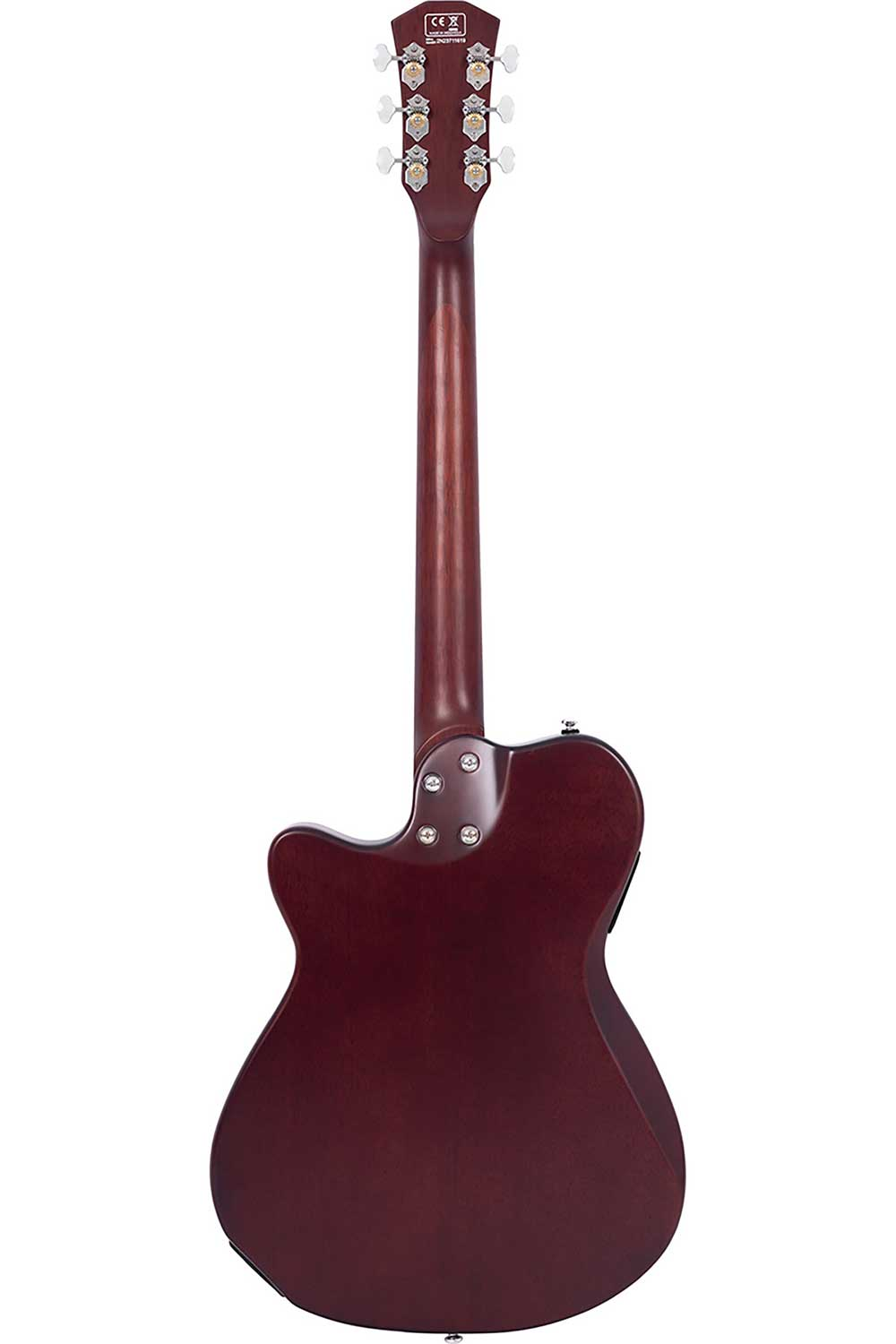 Gümüş burgulu ve CE işaretli koyu kırmızı elektro gitarın arka görünümü.
