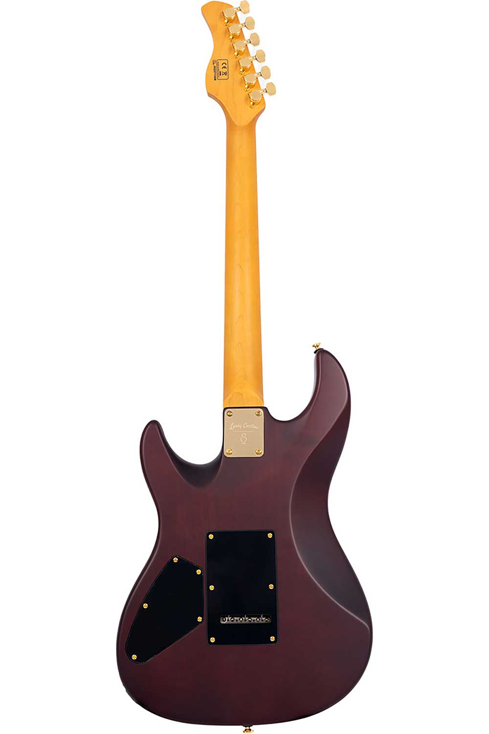 Altın burgulu, açık renkli saplı koyu elektrik gitarın arka yüzü.
