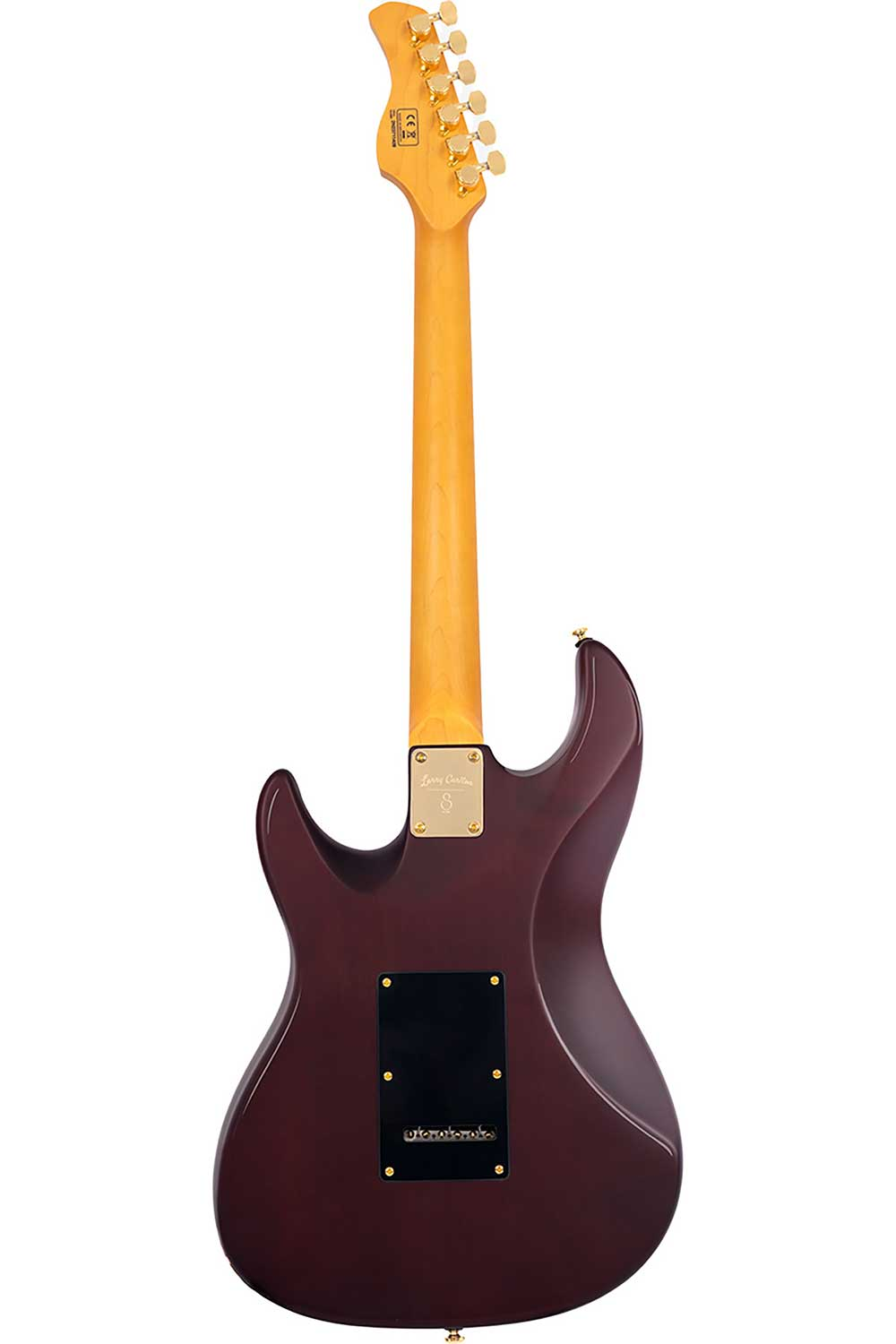 Açık renk ahşap sapa ve altın akort burgularına sahip koyu kırmızı elektro gitarın arka görünümü.
