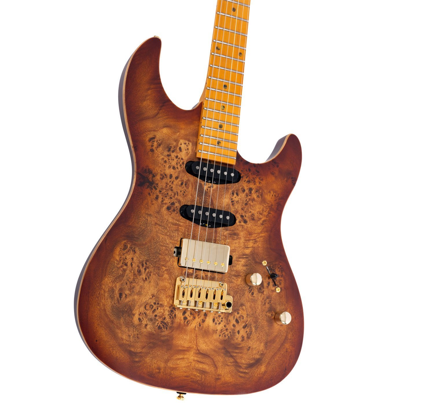 Altın donanımlı, desenli gövdeli kahverengi elektro gitar.