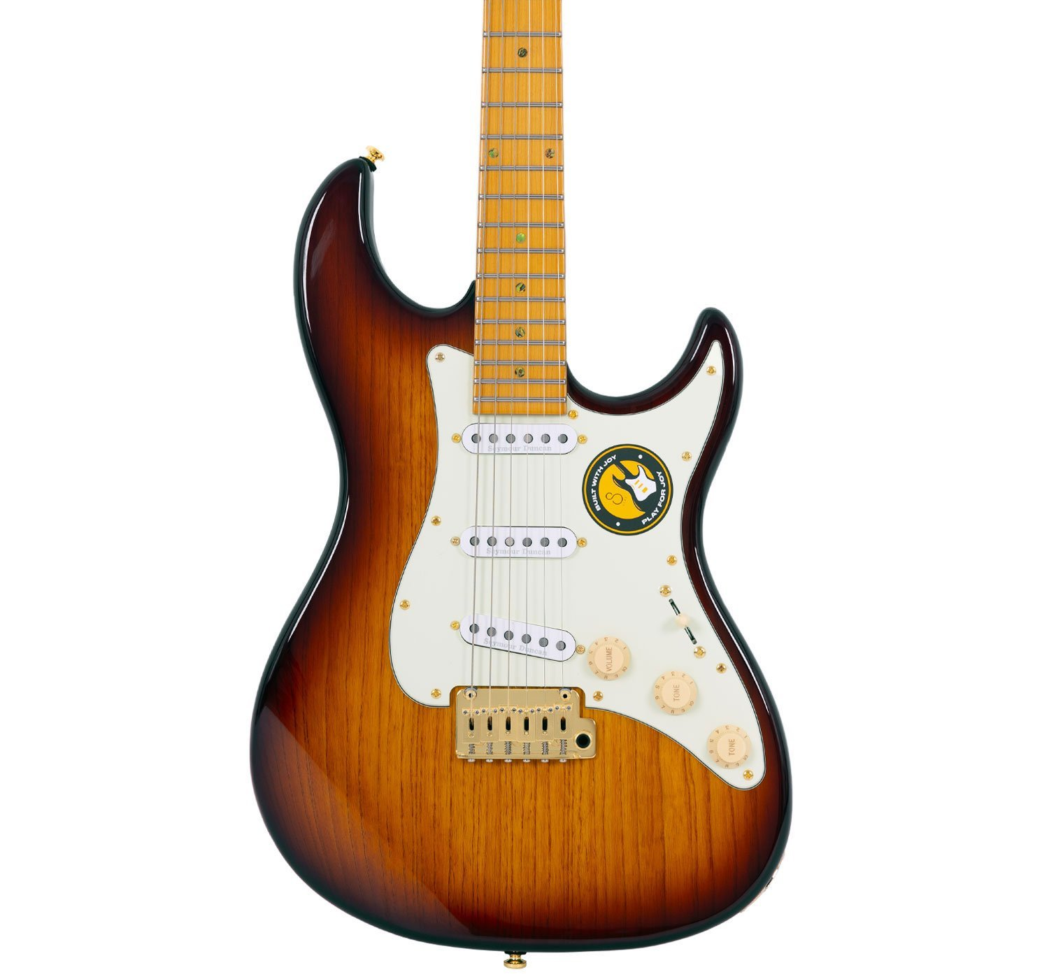 Sunburst bitişli, beyaz pena korumalı, üç manyetiği olan elektro gitar.