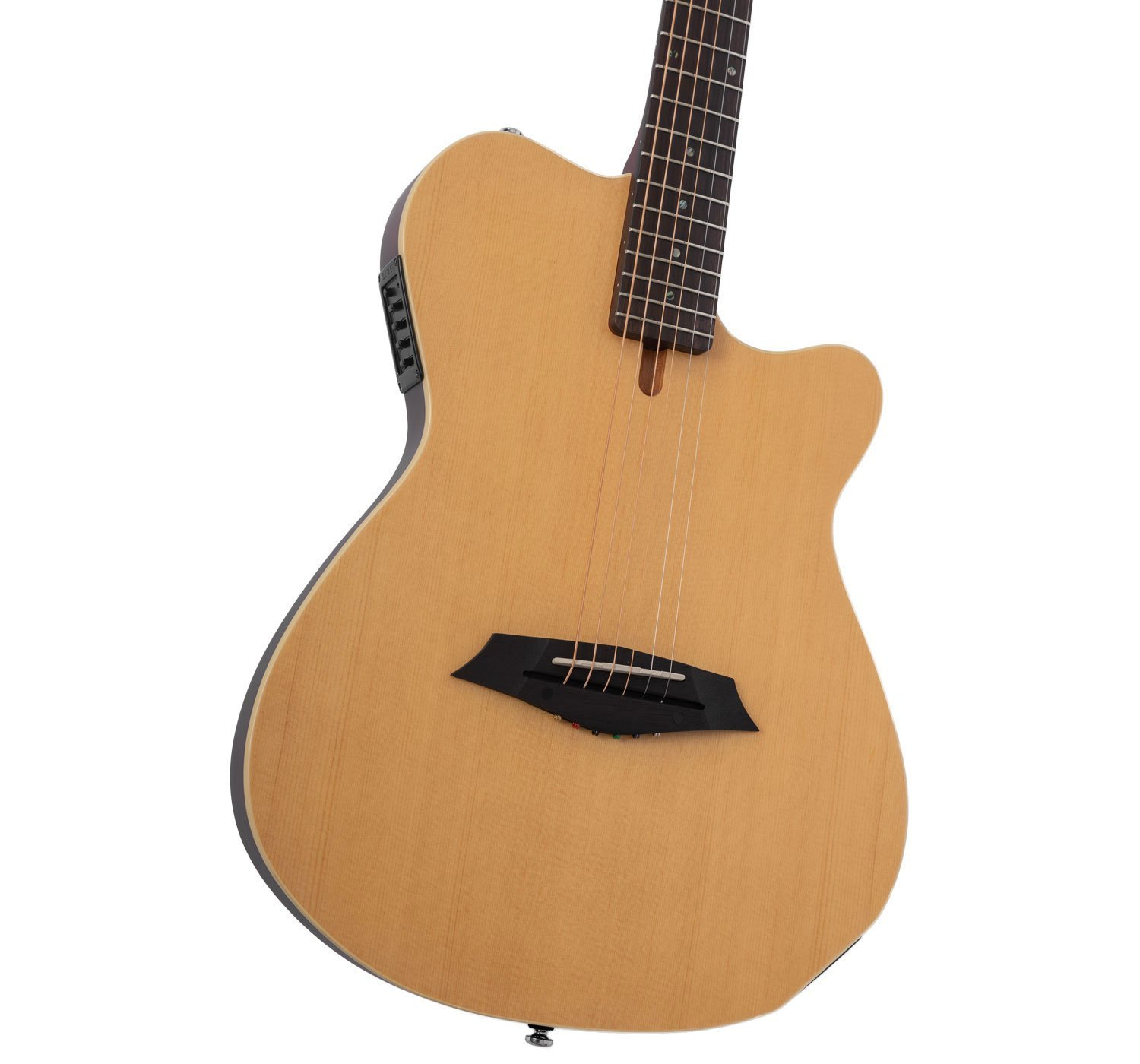 Koyu klavyeli ve telli, açık kahverengi akustik gitarın kısmi görünümü.