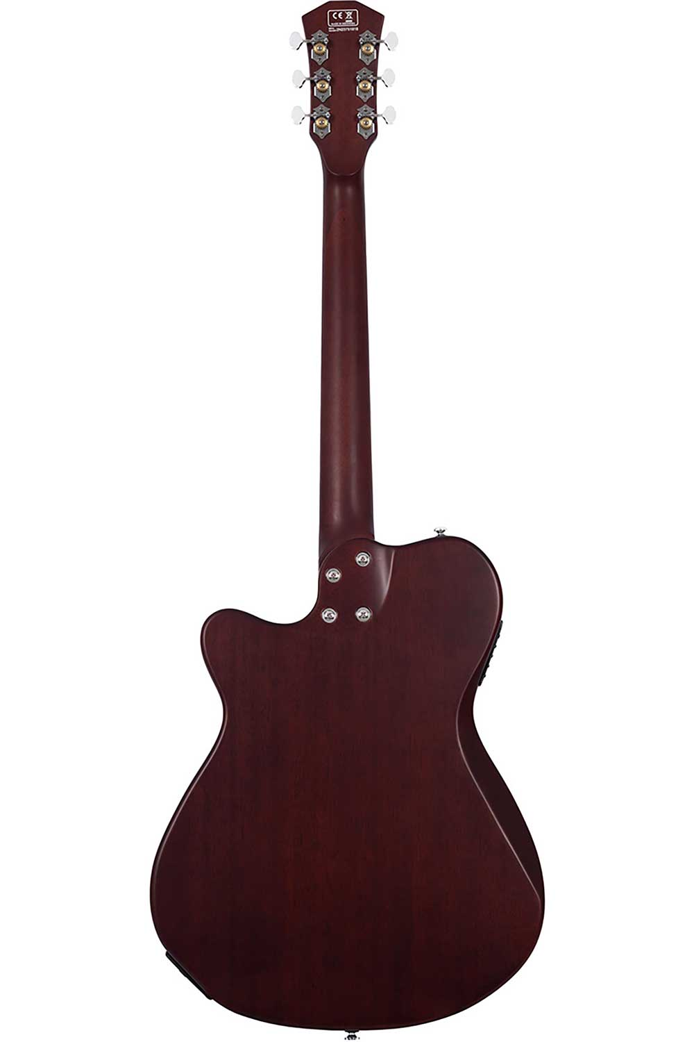 CE işaretli koyu ahşap elektro gitarın arkası.