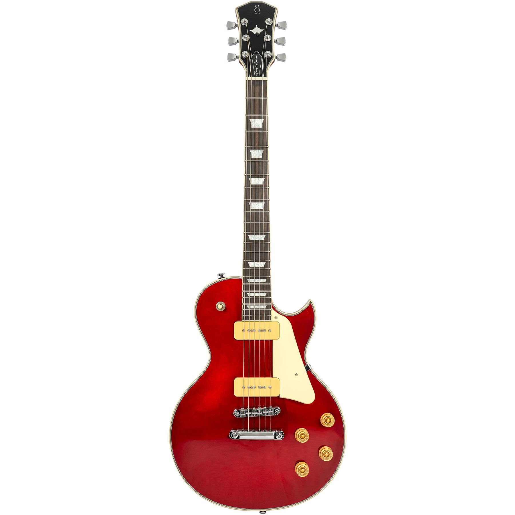Altın düğmeli ve krem rengi pena korumalı kırmızı elektro gitar.
