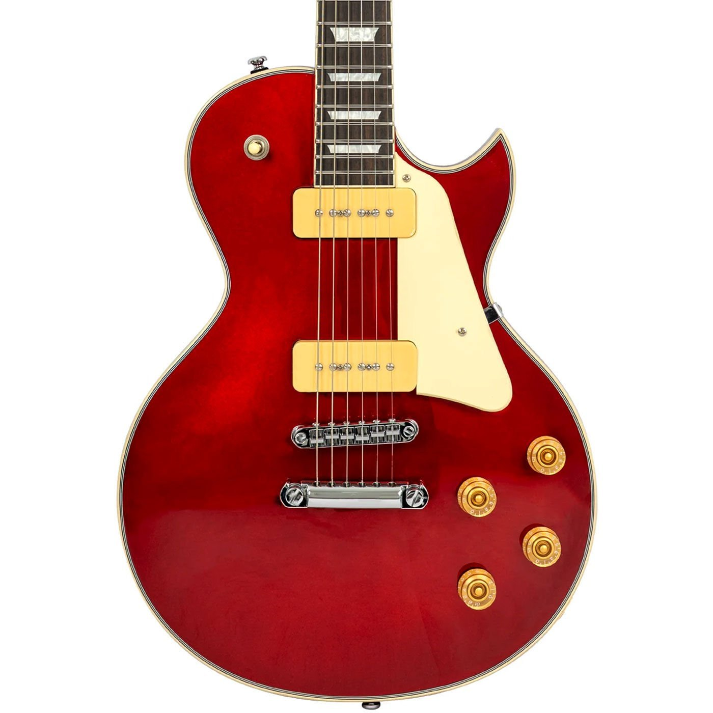 Altın düğmeli, krem pickguard'lı kırmızı elektro gitar.