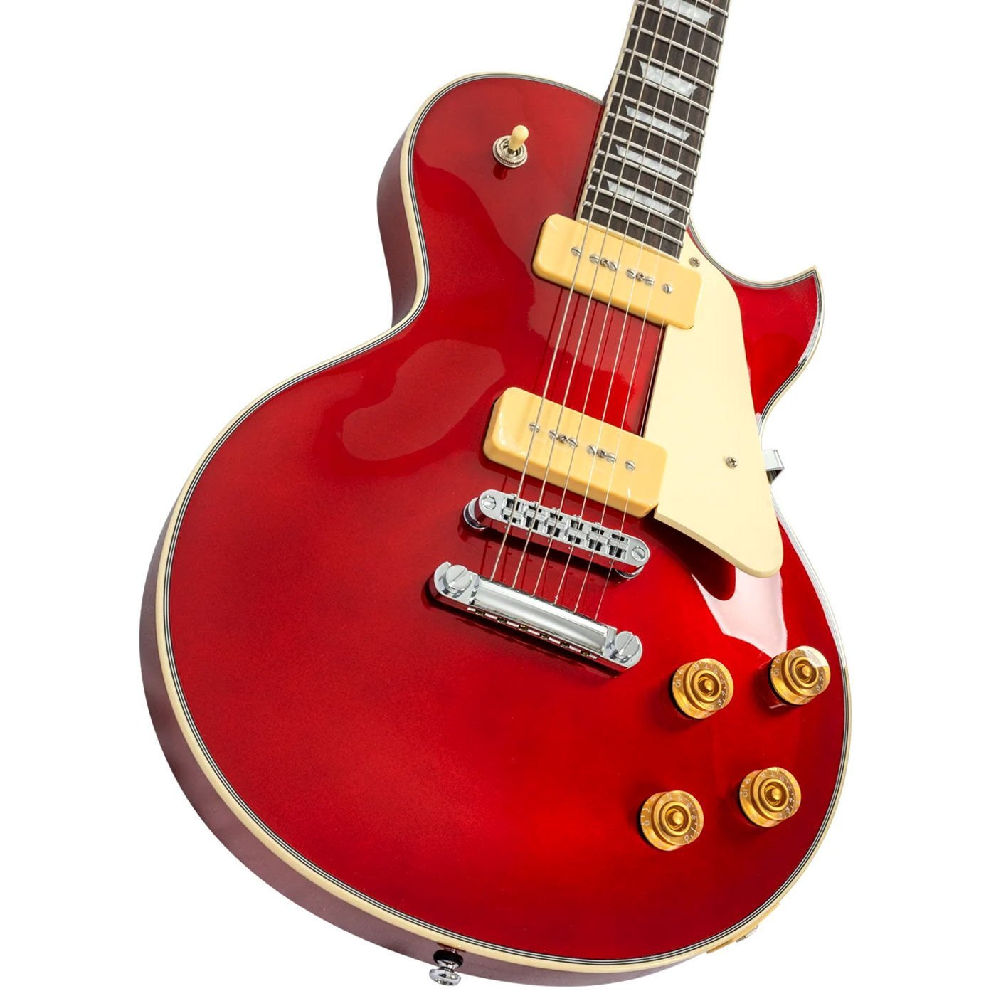 Krem rengi manyetikler ve altın rengi kontrol düğmeleri olan parlak kırmızı elektro gitar.