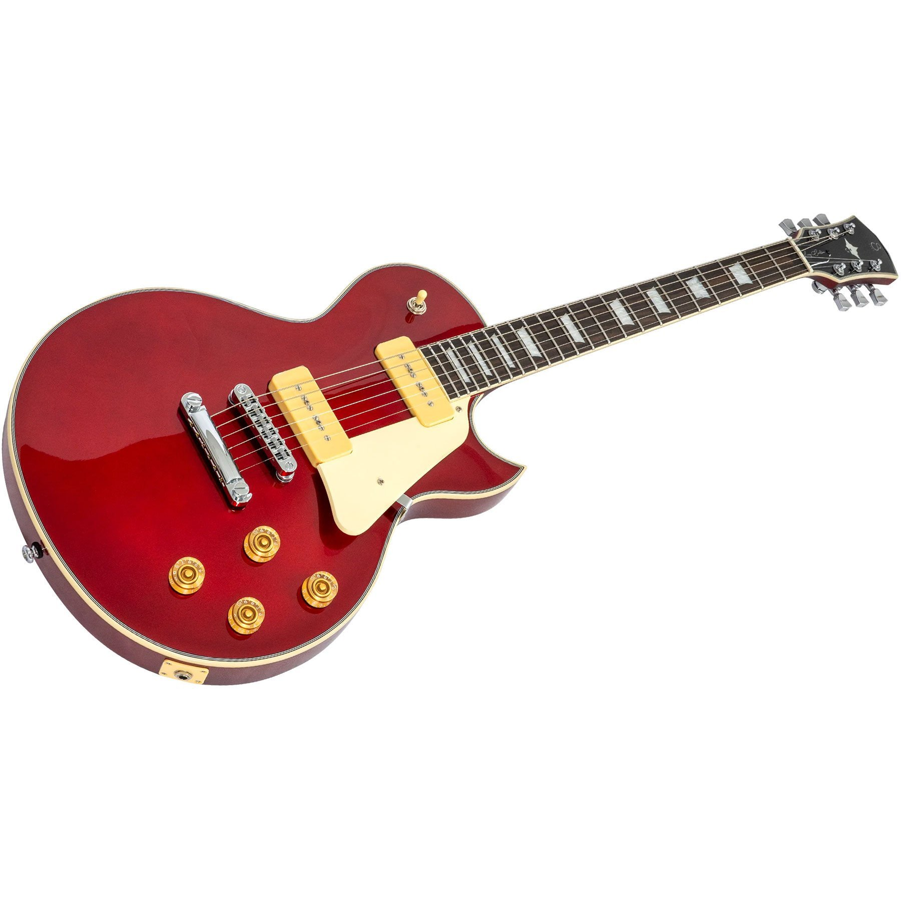 Altın donanım ve krem renkli manyetiklere sahip kırmızı elektro gitar.