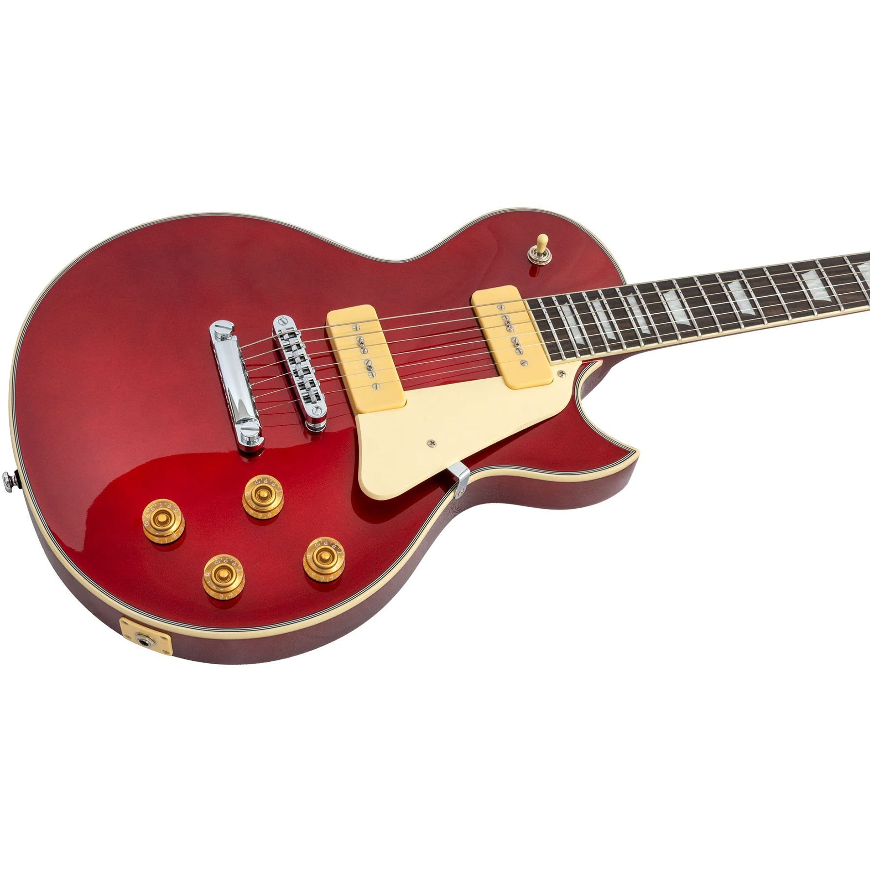 Krem manyetikli ve altın düğmeli kırmızı elektro gitar.