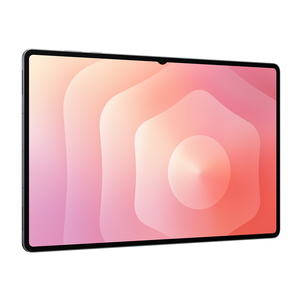 Pembe ve mercan renkli, katmanlı altıgenlerden oluşan soyut arka plana sahip tablet.