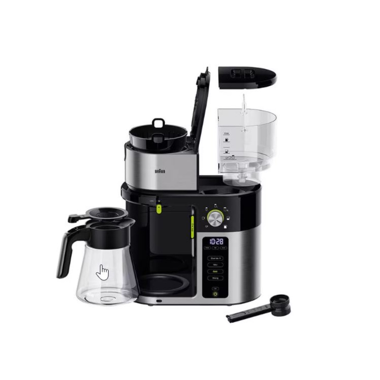 Ein schwarzer und silberner Kaffeefilter mit Glaskaraffe und abnehmbarem Wassertank.