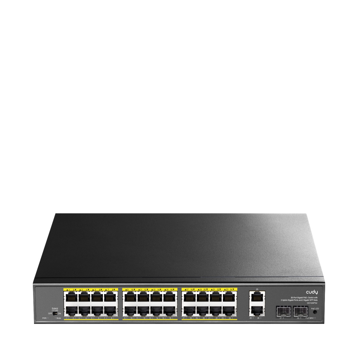 Uno switch PoE+ Gigabit nero da 26 porte con 2 porte uplink e slot SFP.