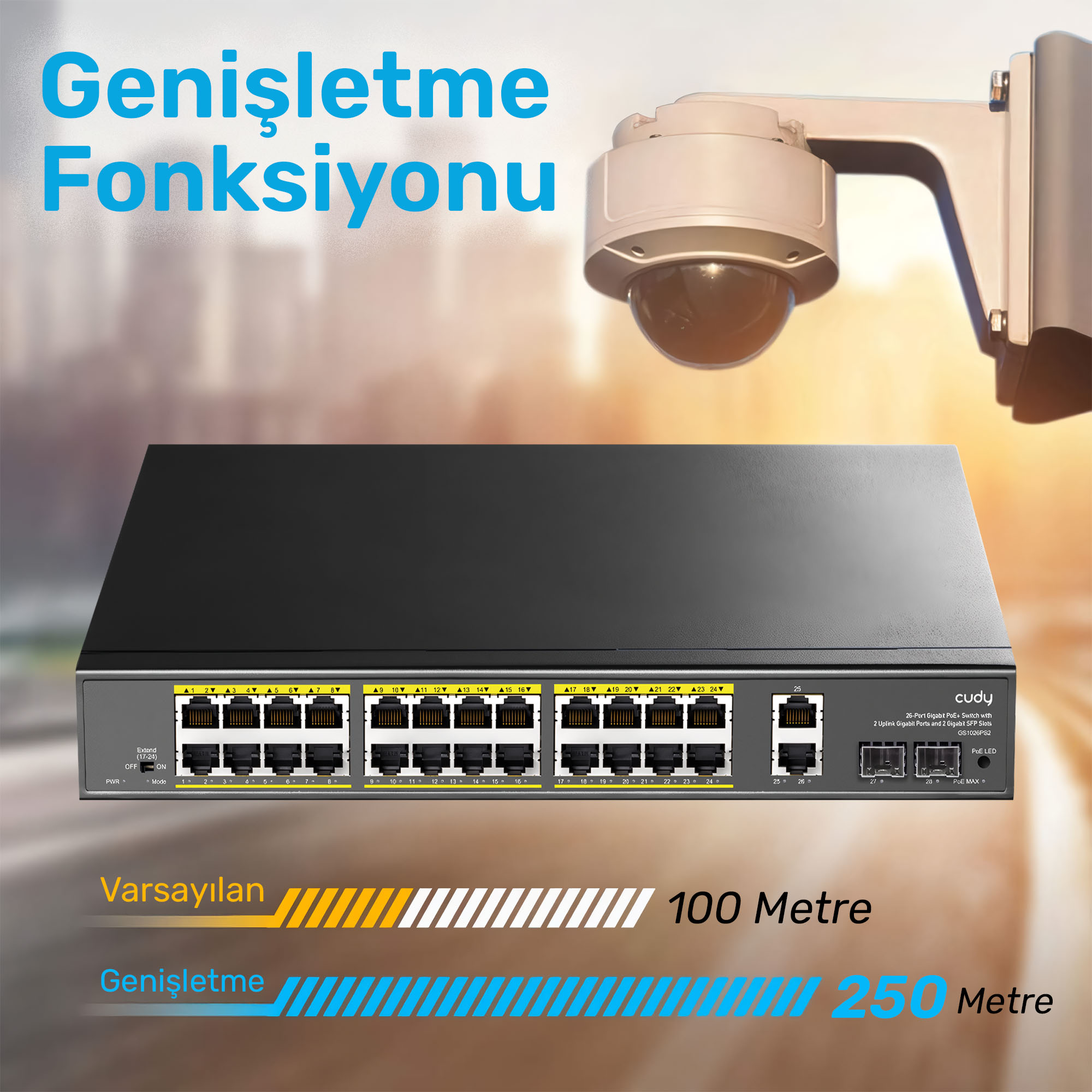 Uno switch a 26 porte e una telecamera di sorveglianza.