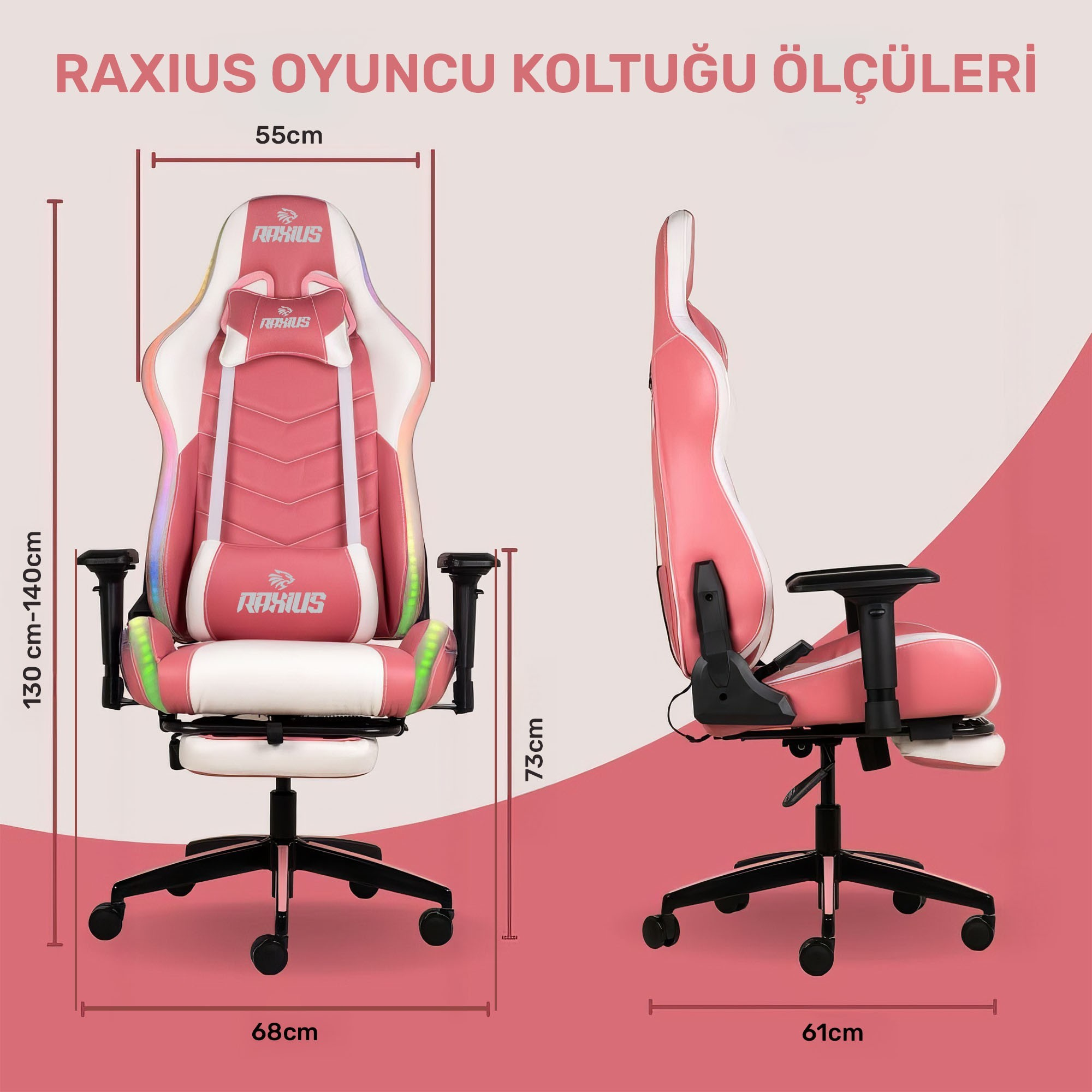 Beyaz aksanlı pembe oyuncu koltuğu, boyutları gösteriliyor.