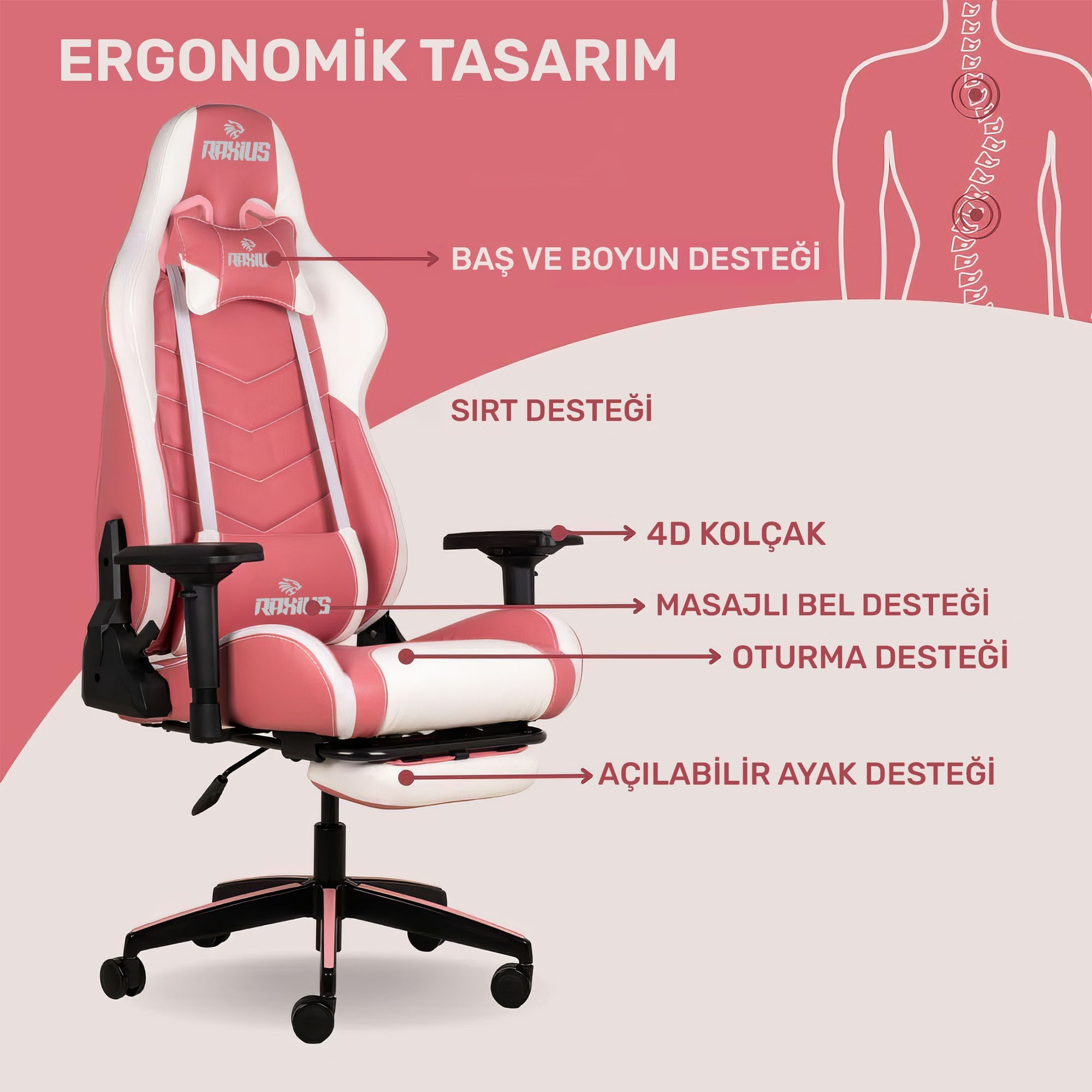 Beyaz detaylı, ayarlanabilir kolçaklı ve ayaklıklı pembe ergonomik oyuncu koltuğu.