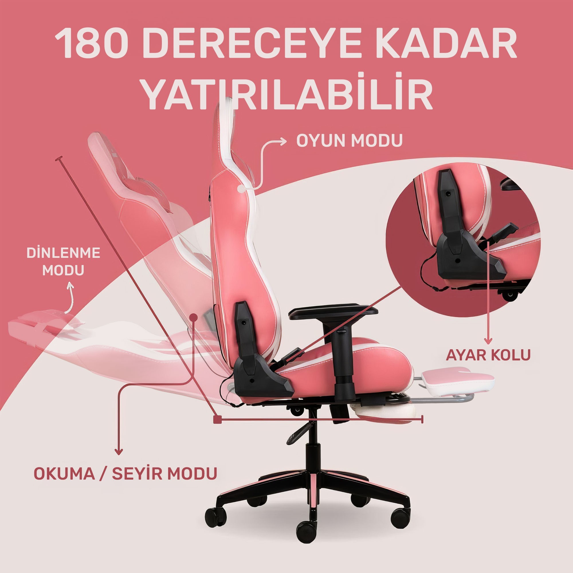 Ayarlanabilir yaslanma ve ayak desteğine sahip pembe oyuncu koltuğu.