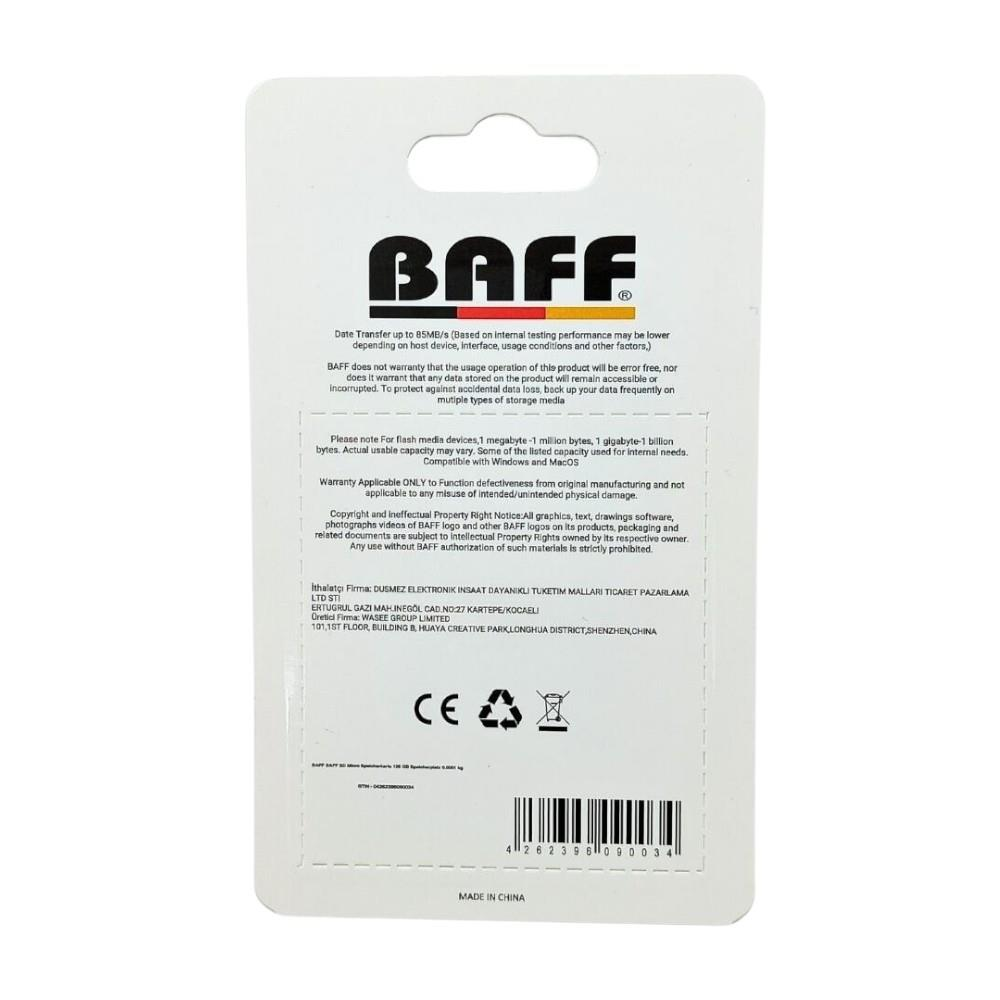 BAFF USB bellek ambalajı, CE ve geri dönüşüm sembolleri mevcut.