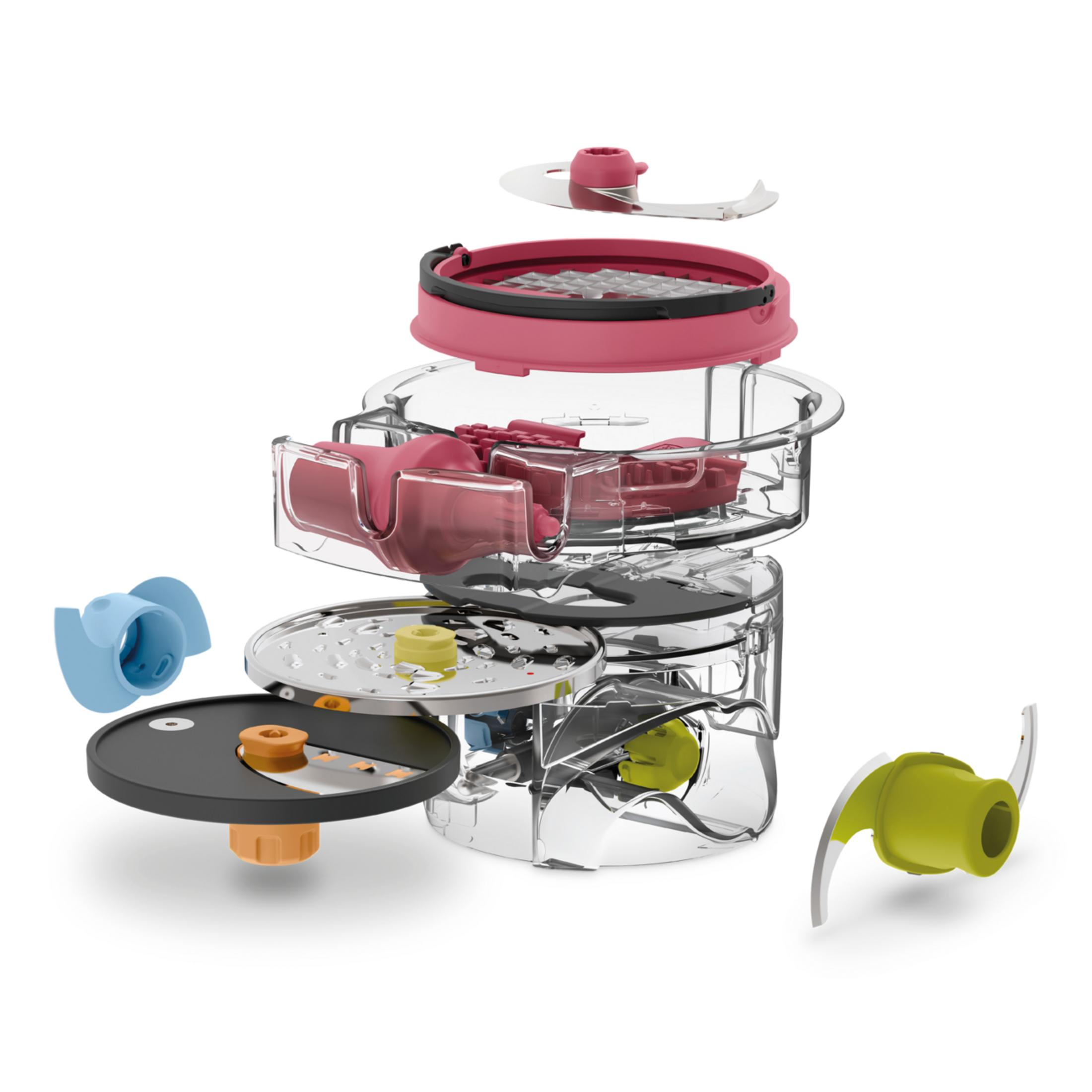 Robot da cucina smontato con parti rosse e blu, lame metalliche.