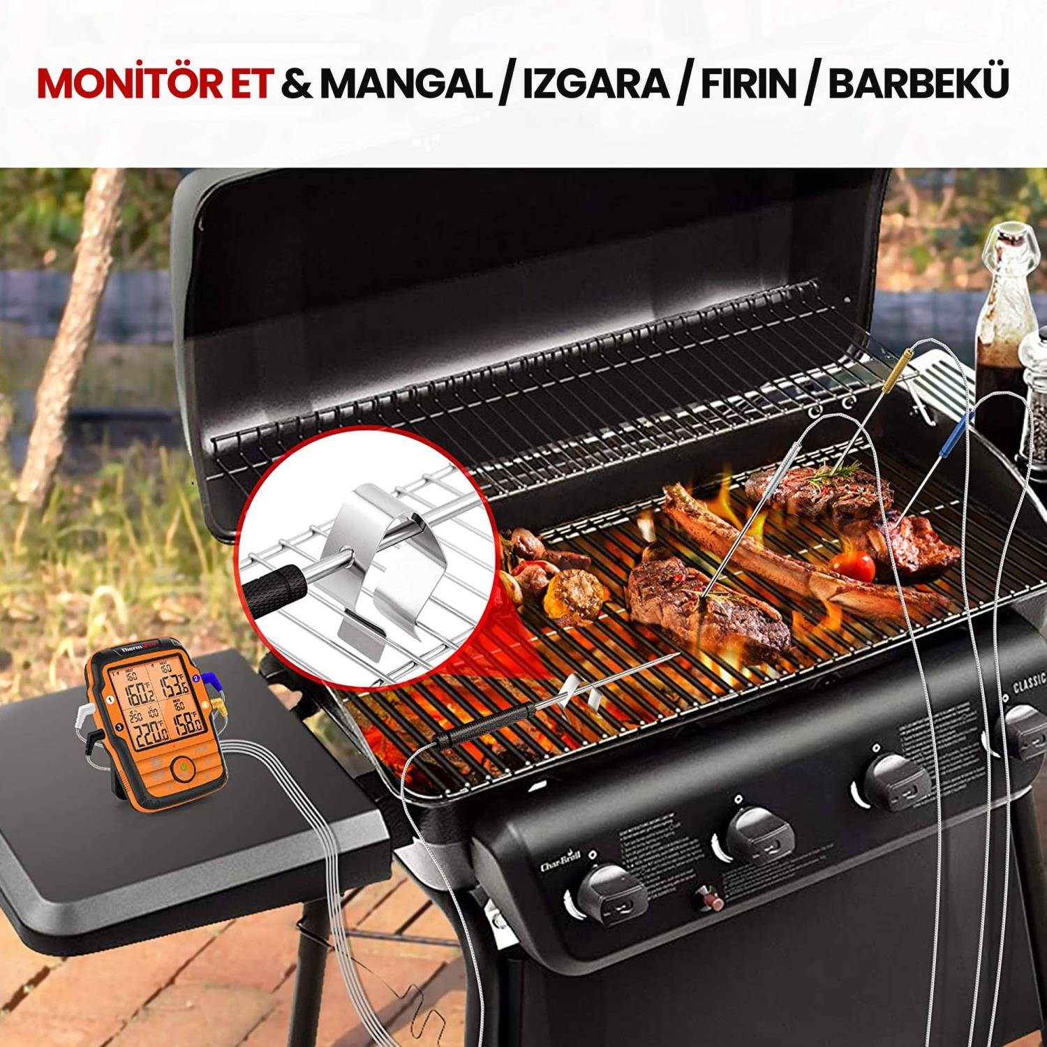 Et ve tavuklu mangal, yanında dijital termometre.