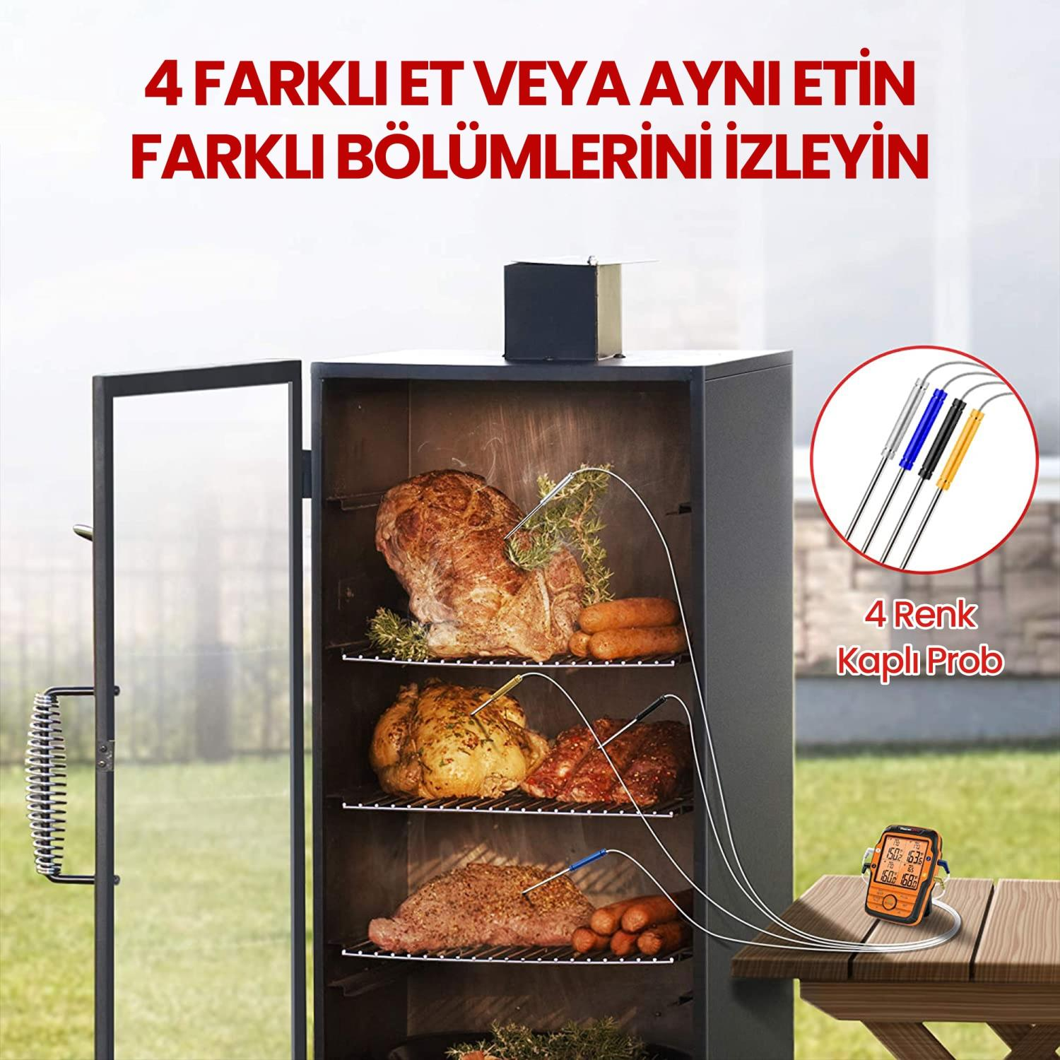Çeşitli etler ve sosislerle dolu dört katlı bir tütsüleyici, problu.
