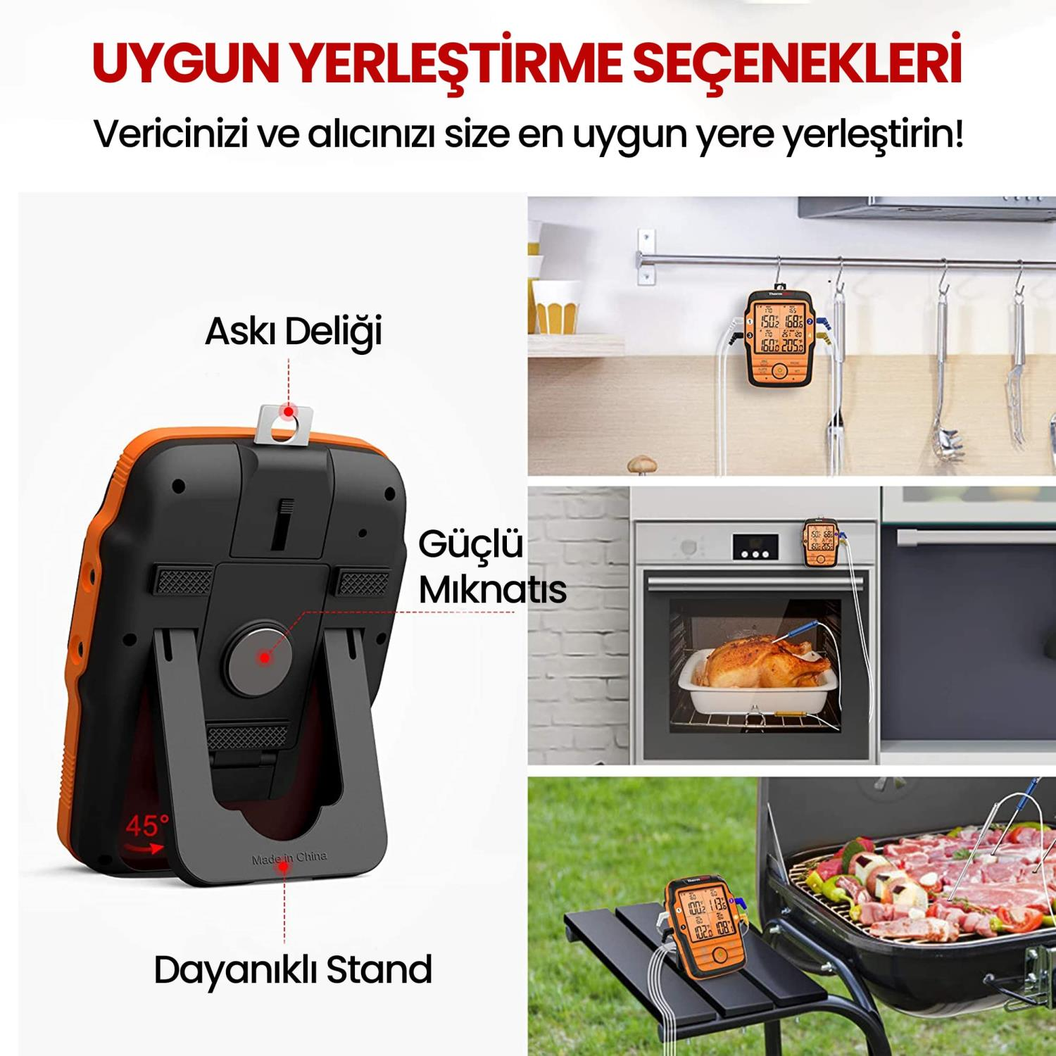Turuncu kasalı dijital et termometresi, fırında, ızgarada ve duvarda asılı olarak gösteriliyor.