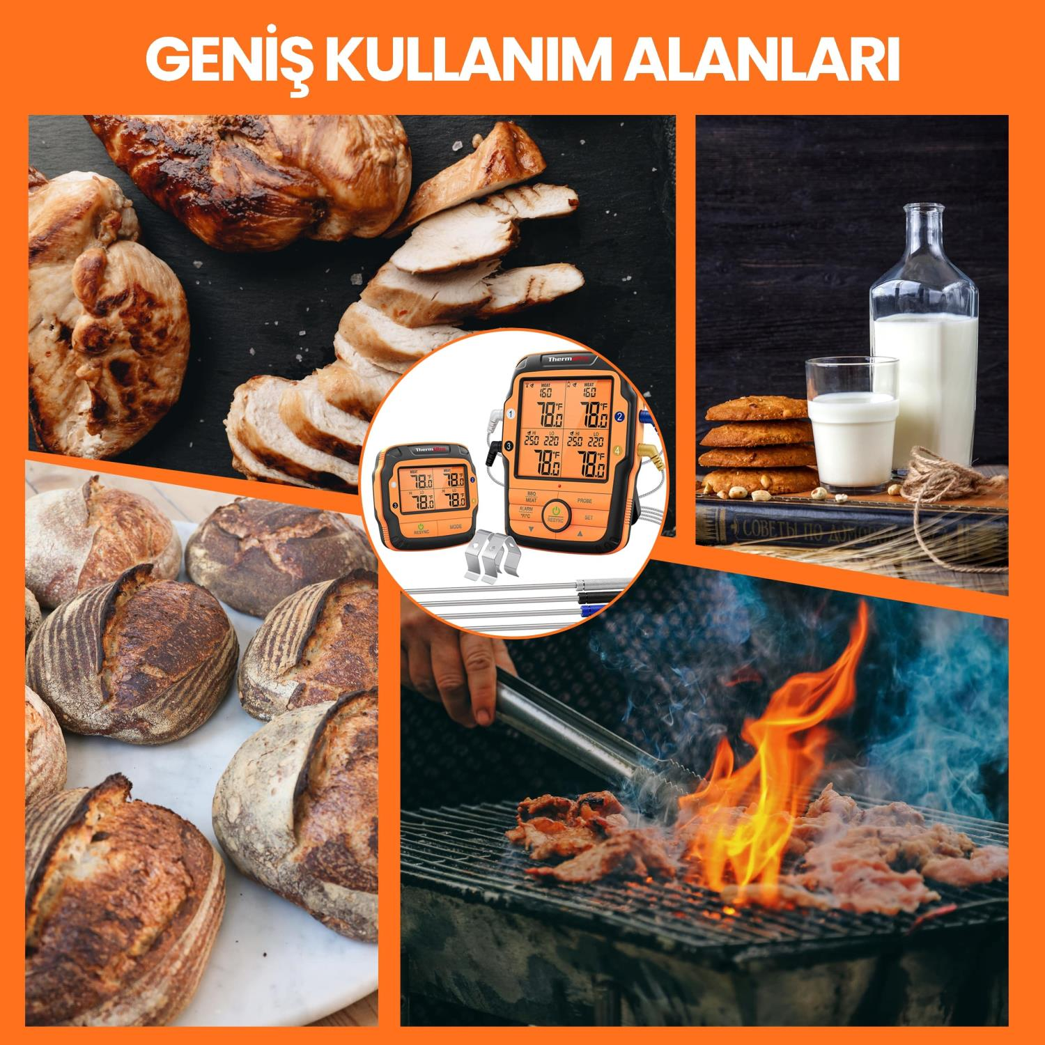 Kavrulmuş tavuk, ekmek, et termometreleri, kurabiye ve süt, ızgara et içeren kolaj.