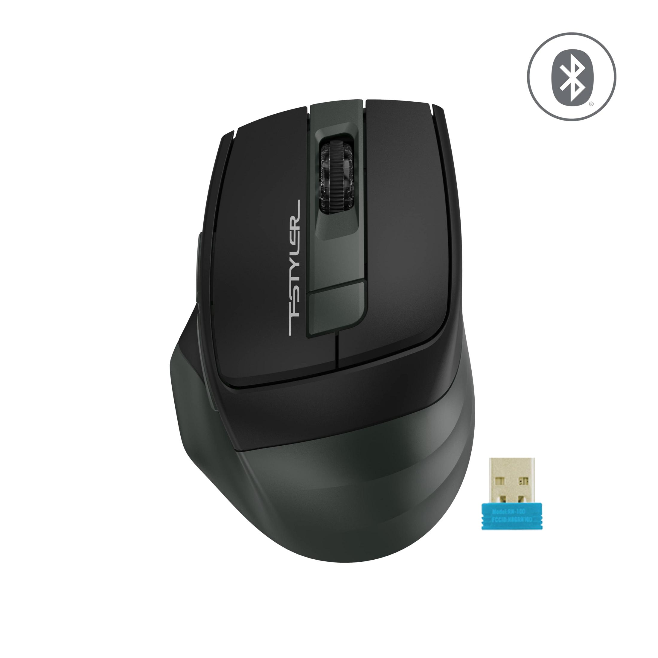 Een zwarte en grijze Bluetooth-muis met USB-dongle en scrollwiel.