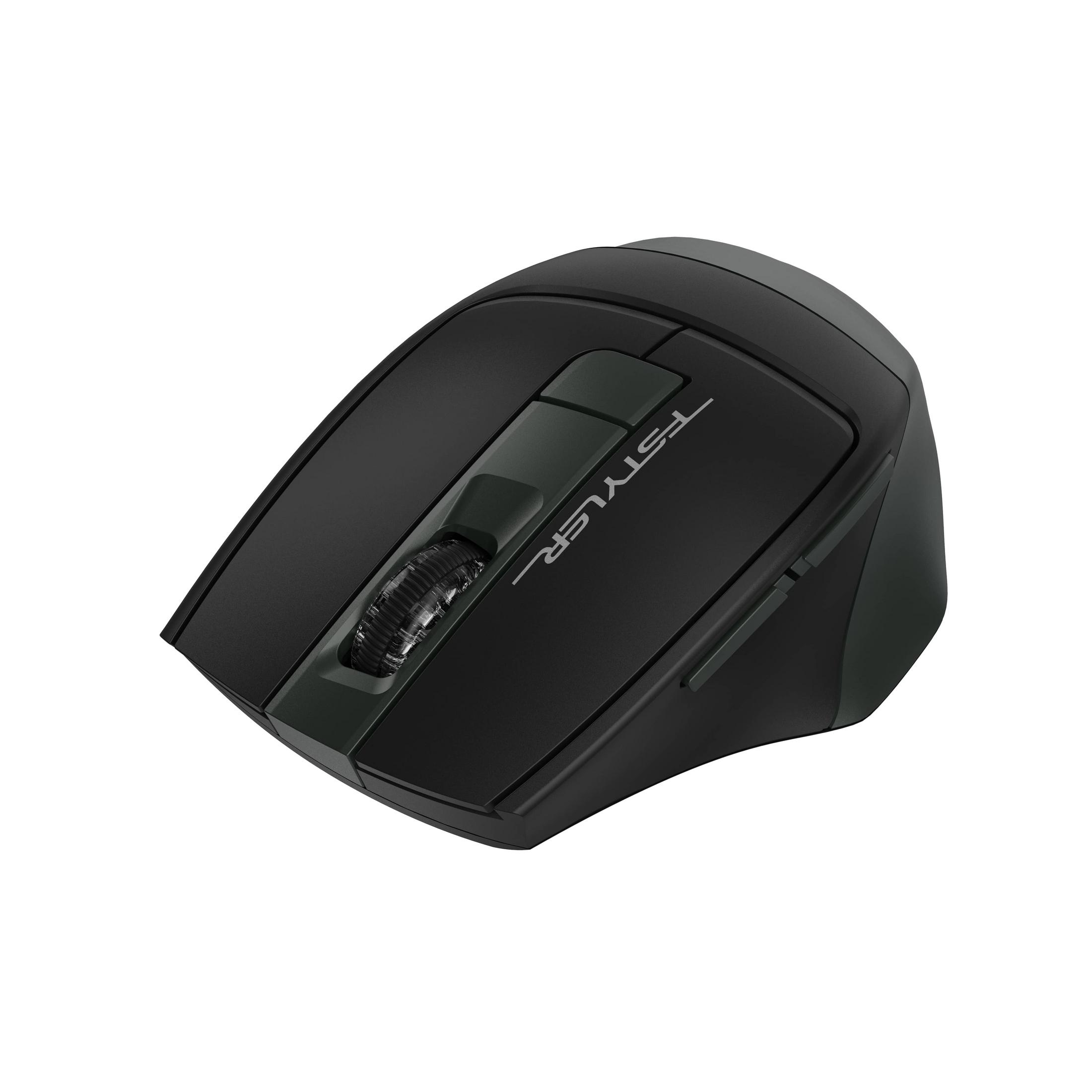 Zwarte computermuis met scrollwiel en zilveren 'FSTYLER'-tekst.