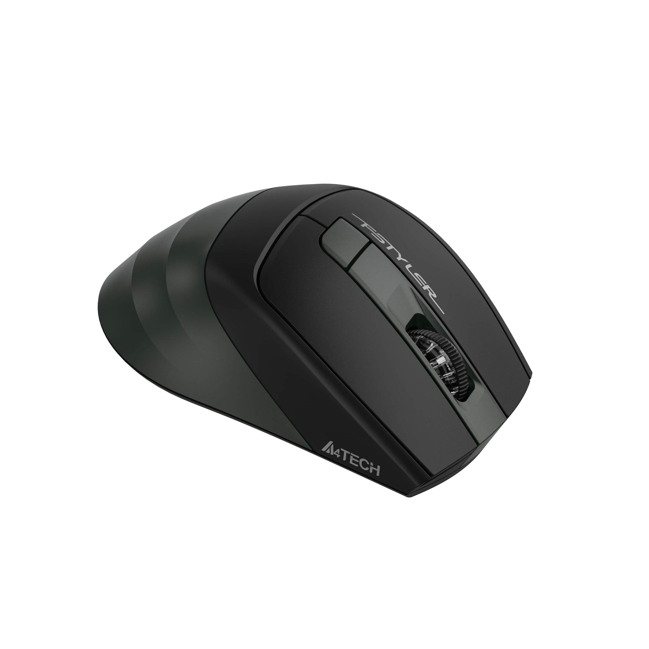 Zwarte computermuis met scrollwiel en FSTYLER-merk.