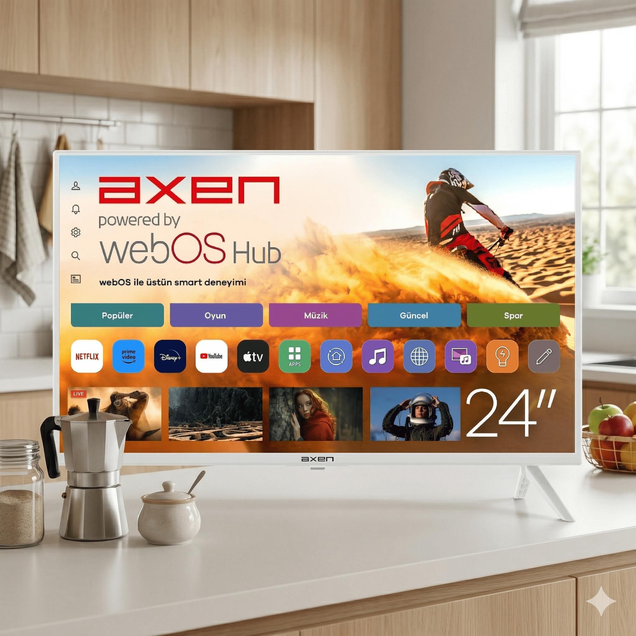 Axen logosu ve WebOS uygulamaları gösteren 24 inç akıllı TV. Tezgahta kahve makinesi ve meyve.