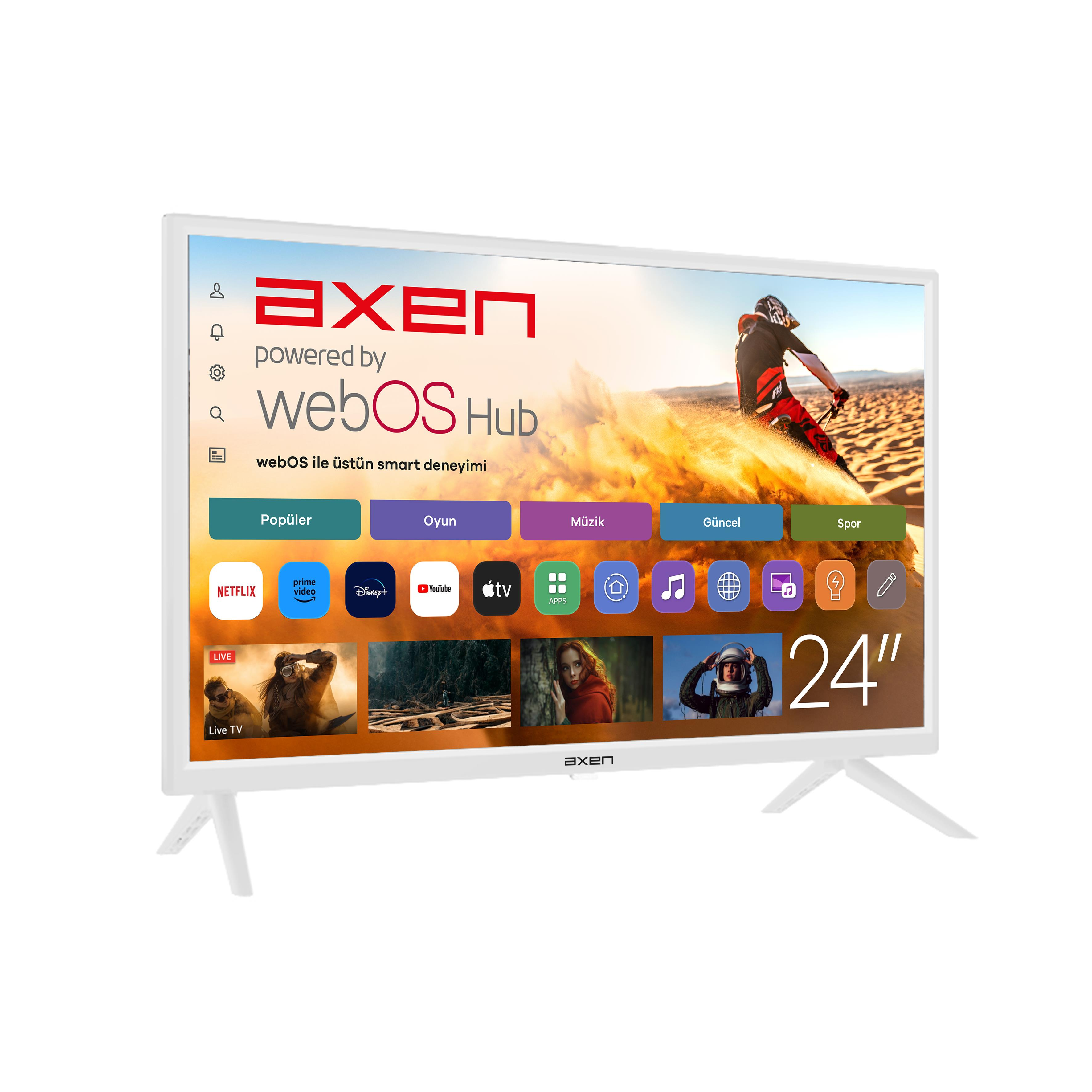 Uygulama simgeleriyle WebOS Hub arayüzünü gösteren beyaz 24 inç TV.
