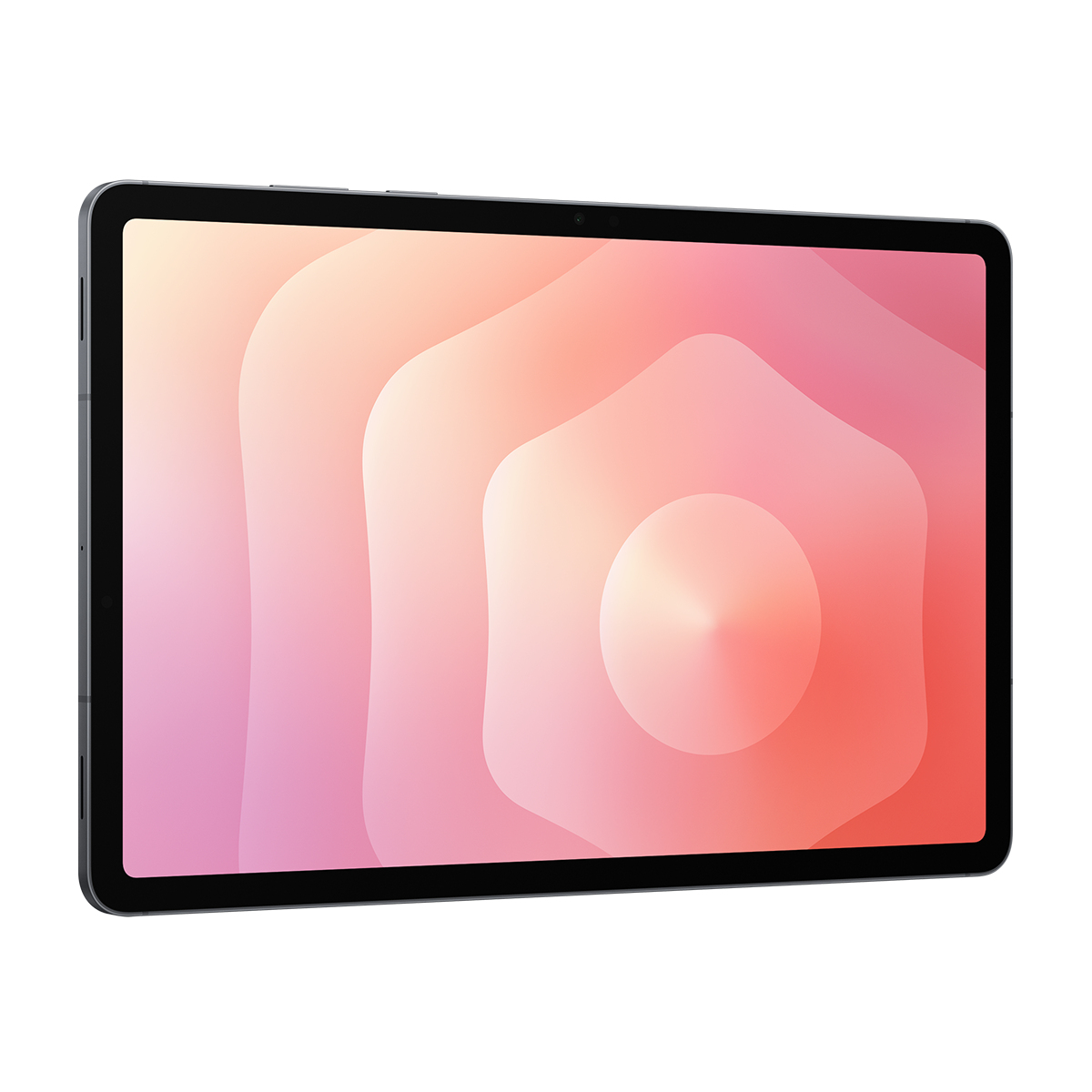 Ekranında renkli soyut bir arka plan gösteren gri tablet.
