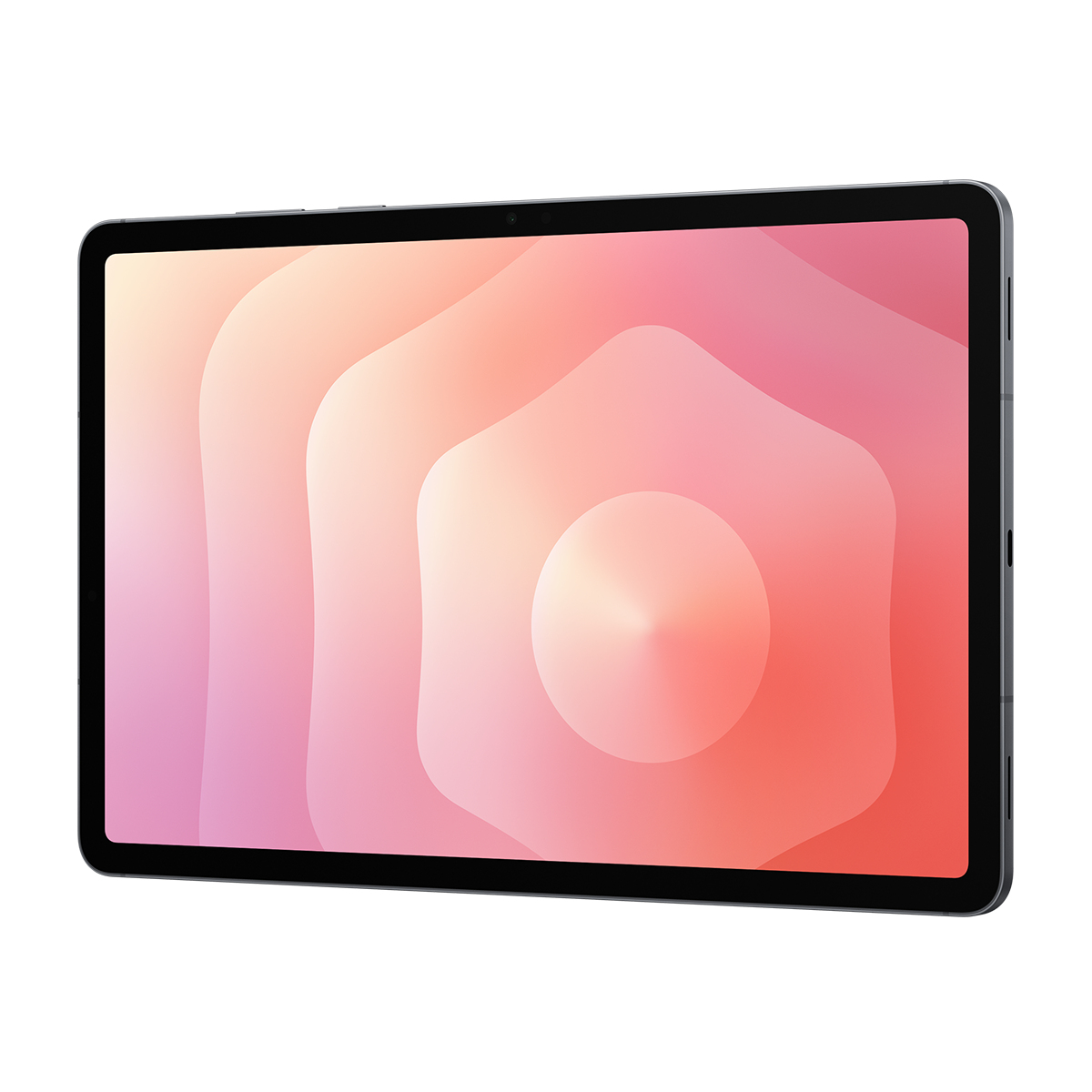 Ekranında soyut, gradyan duvar kağıdı bulunan gri bir tablet.
