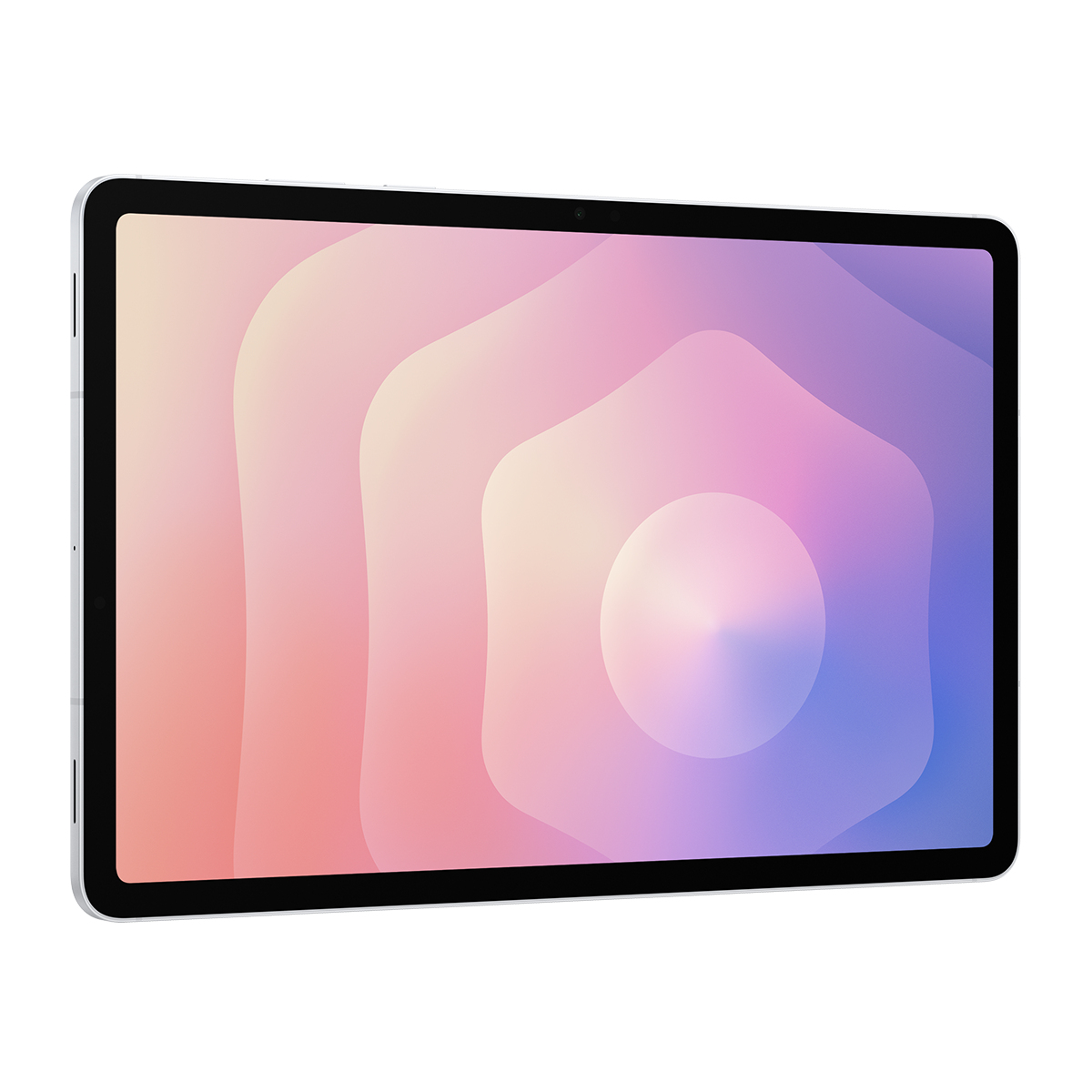 Ekranında soyut, renkli bir arka plan gösteren gümüş renkli tablet.