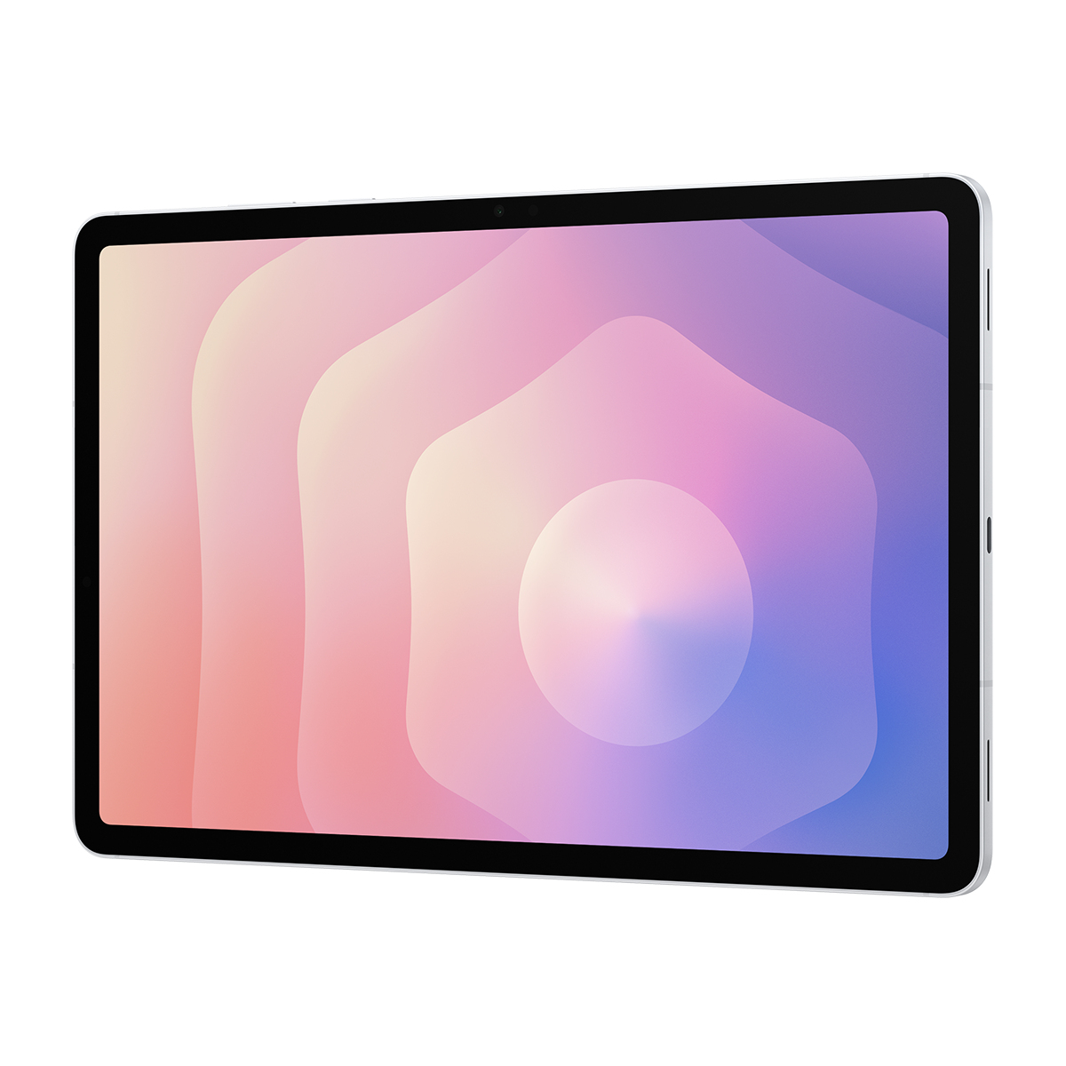 Ekranında renkli, soyut tasarıma sahip gümüş bir tablet.
