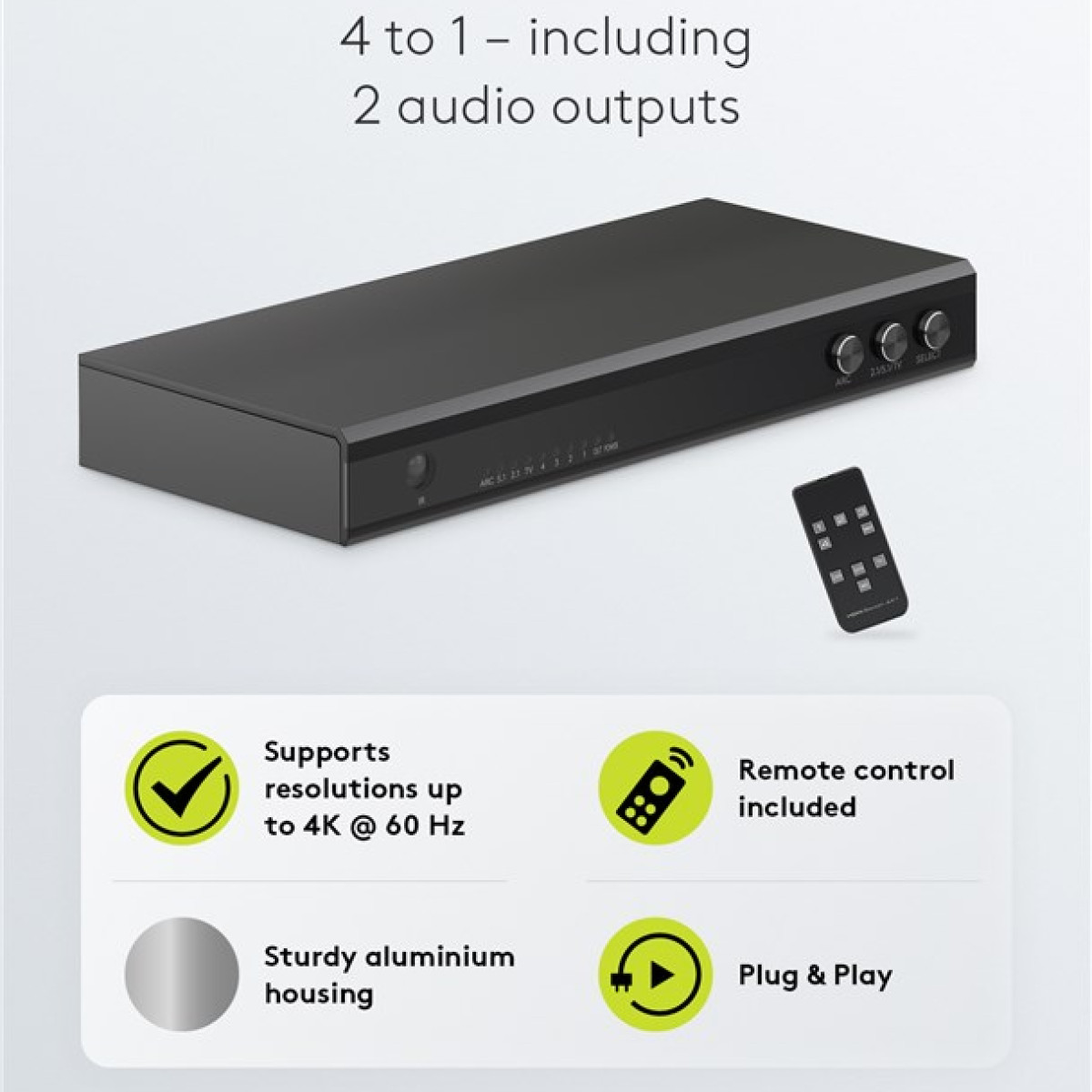 Ein schwarzer 4-zu-1-Switch mit Fernbedienung, unterstützt 4K@60Hz.