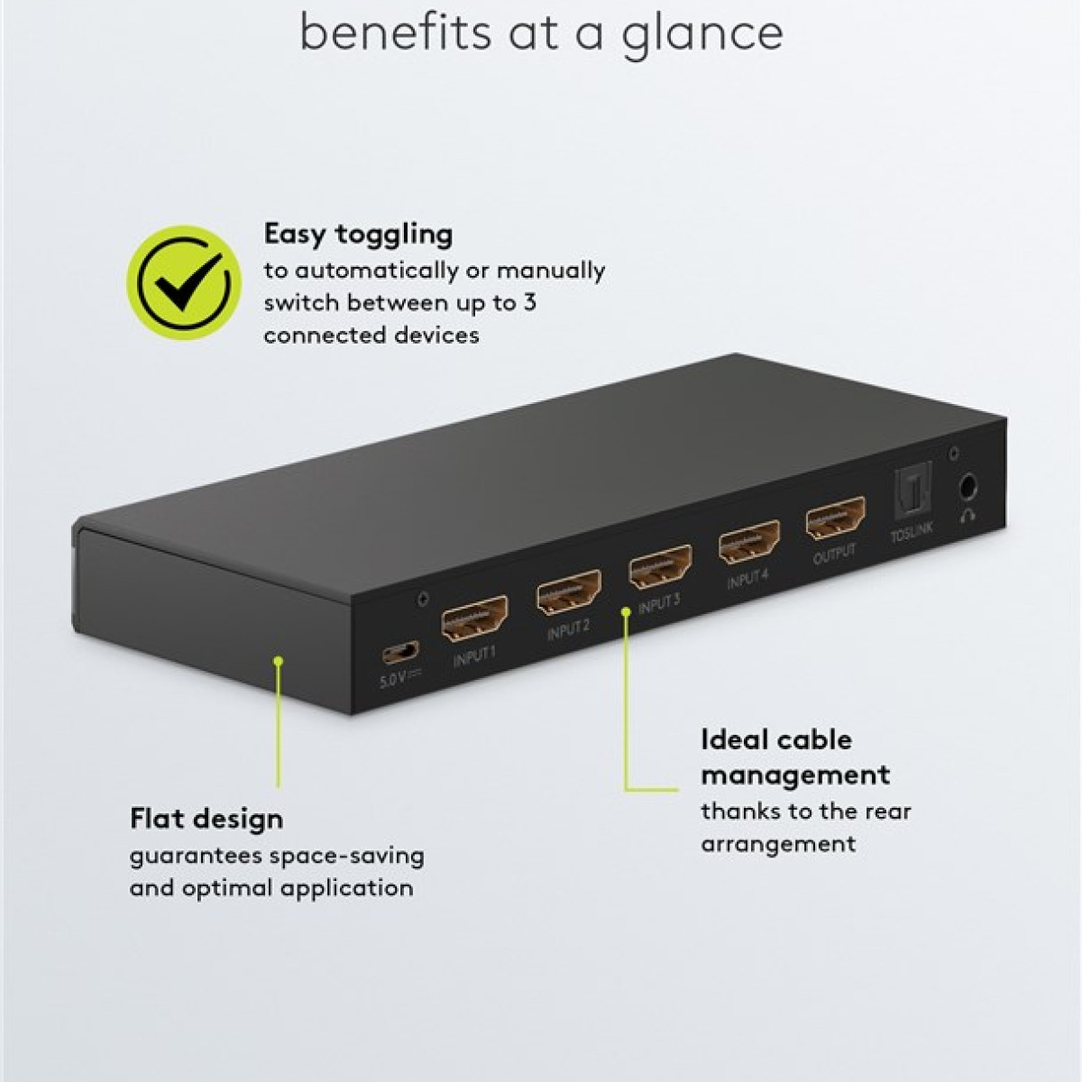 Schwarzer 4-Port HDMI-Switch mit Anschlüssen für Ein- und Ausgänge.