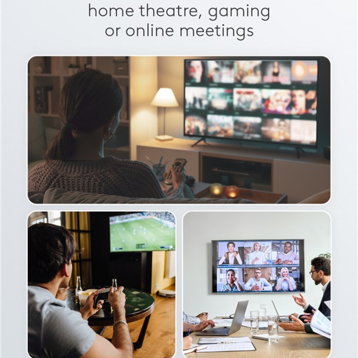 Collage: Person schaut fern, Mann spielt, Videokonferenz.