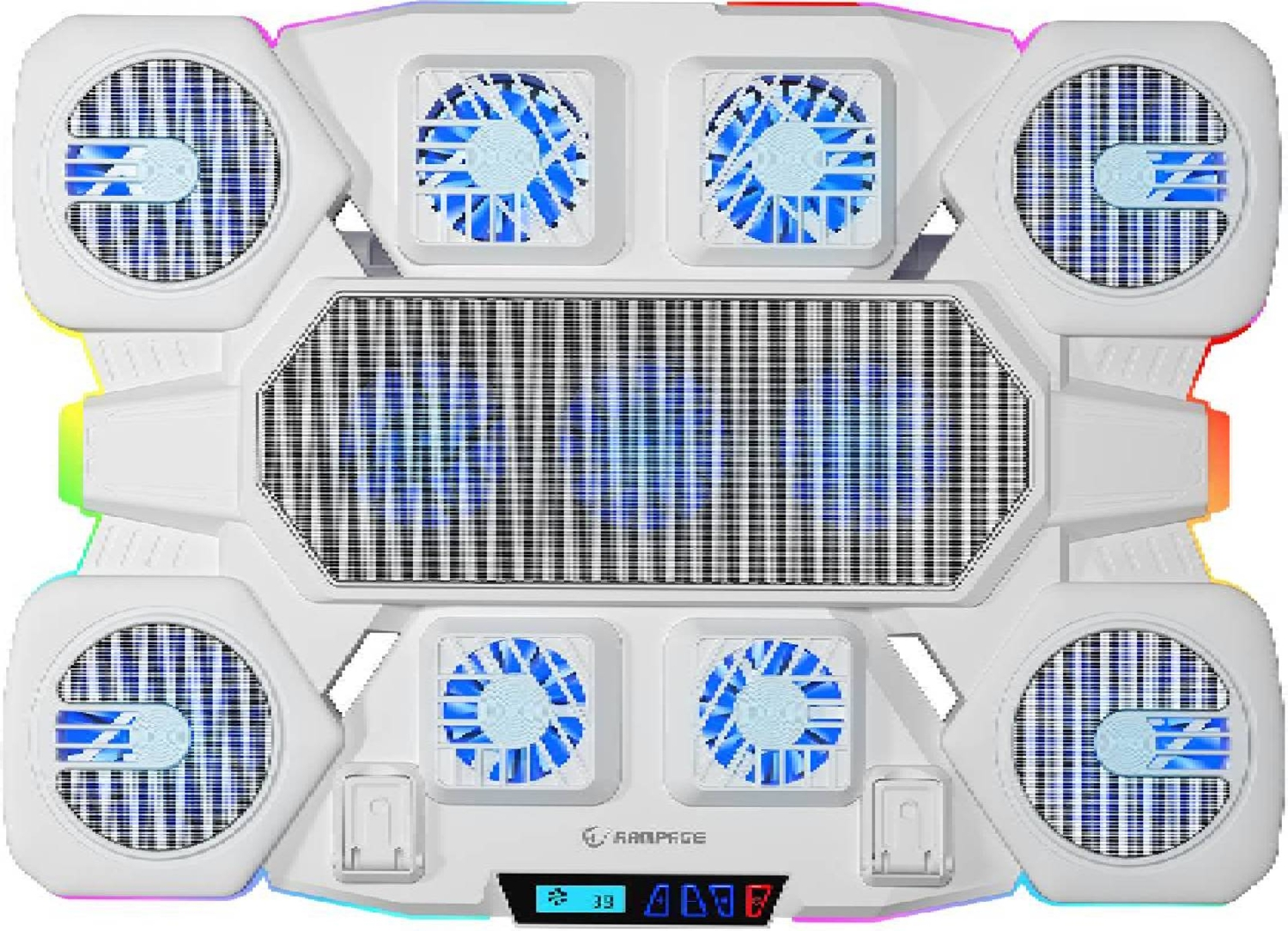 6 mavi fanlı ve RGB aydınlatmalı beyaz dizüstü bilgisayar soğutucu.
