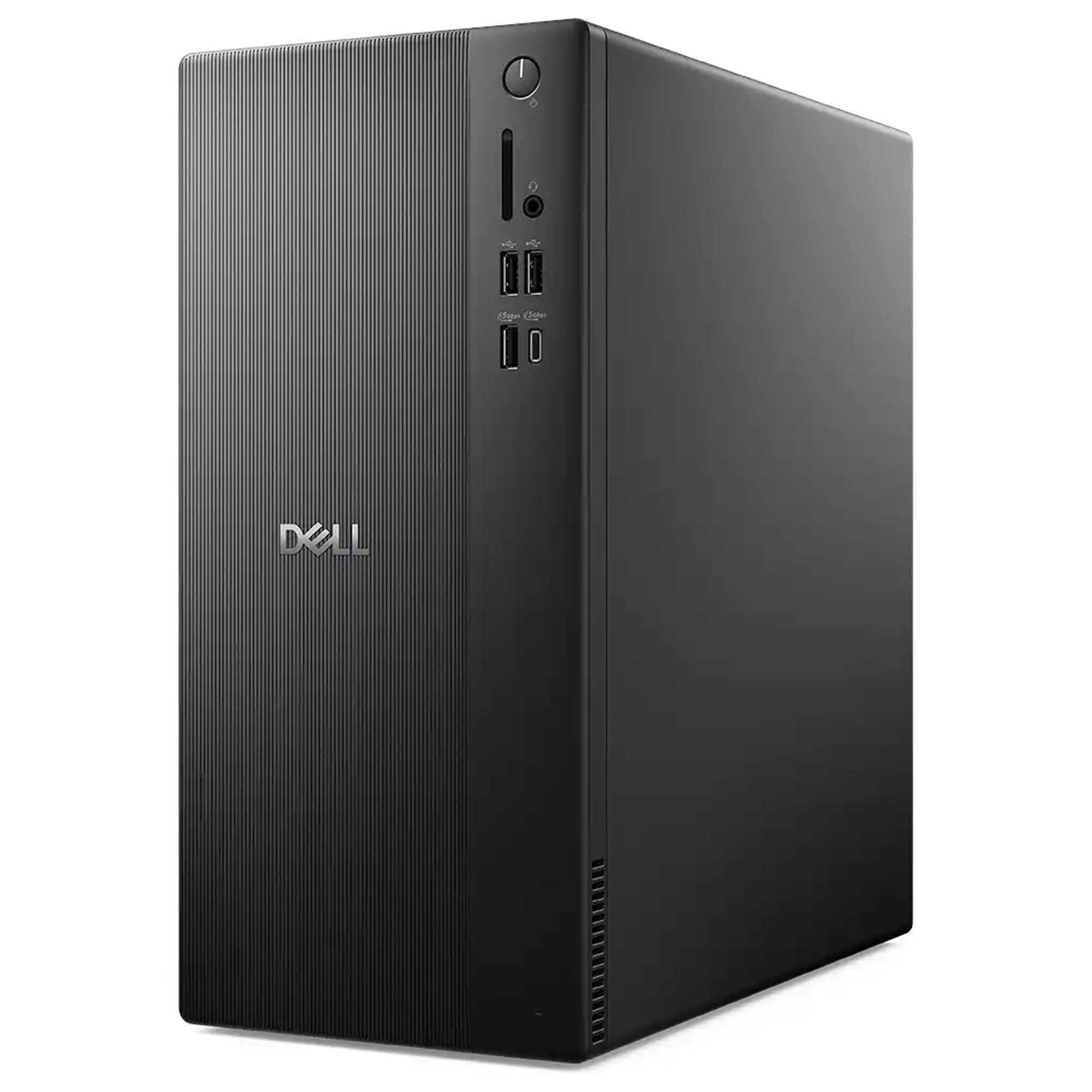 Kanallı ön ve bağlantı noktalarına sahip siyah Dell PC.