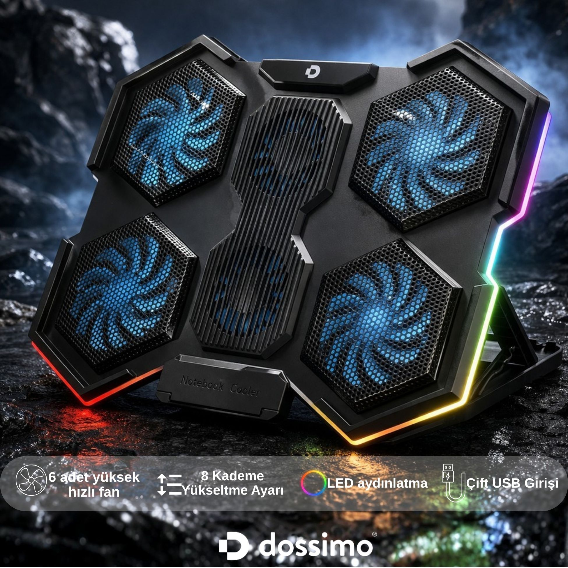 6 mavi fanlı ve RGB aydınlatmalı siyah dizüstü bilgisayar soğutucu.