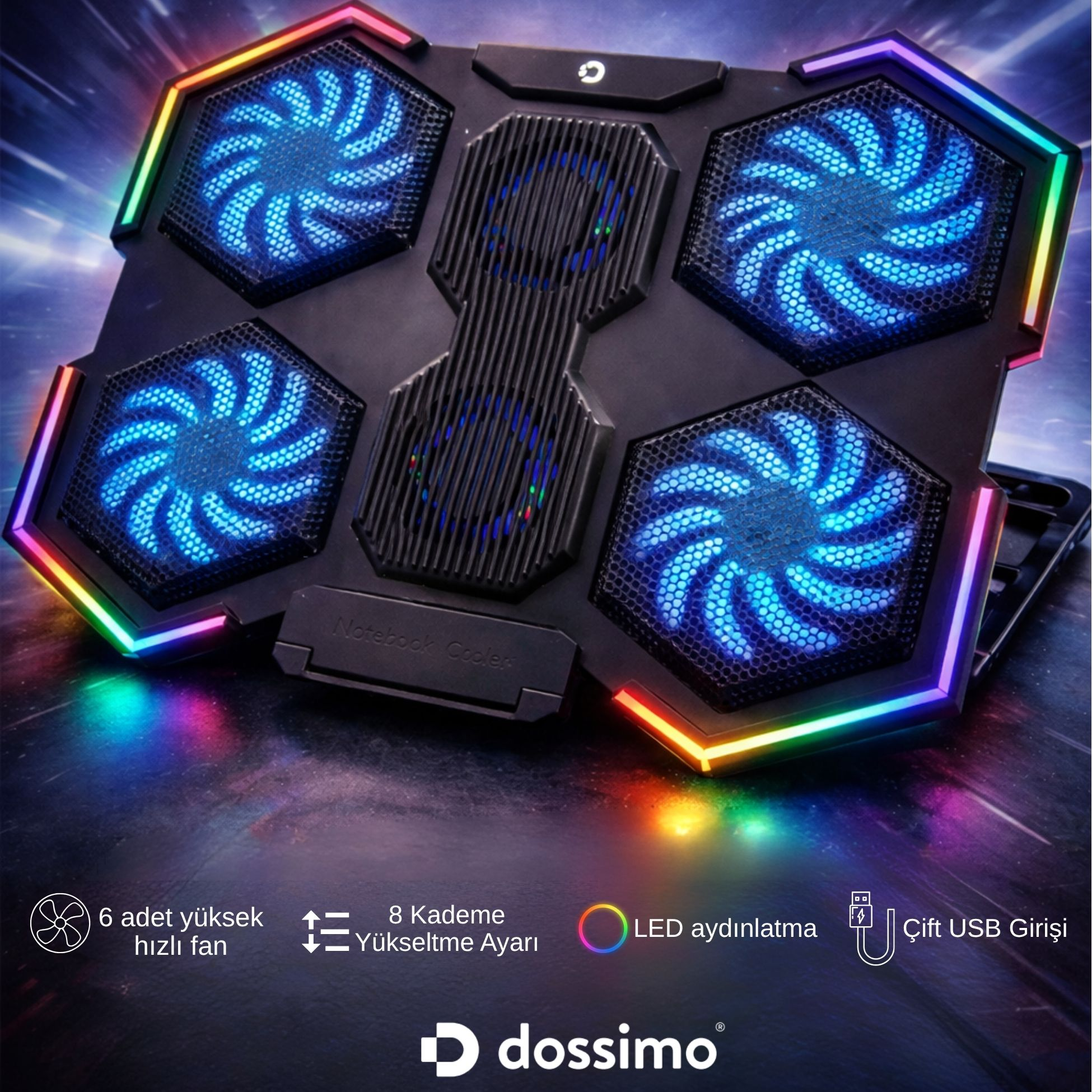 6 mavi fanlı, RGB aydınlatmalı, USB girişli siyah laptop soğutucu.
