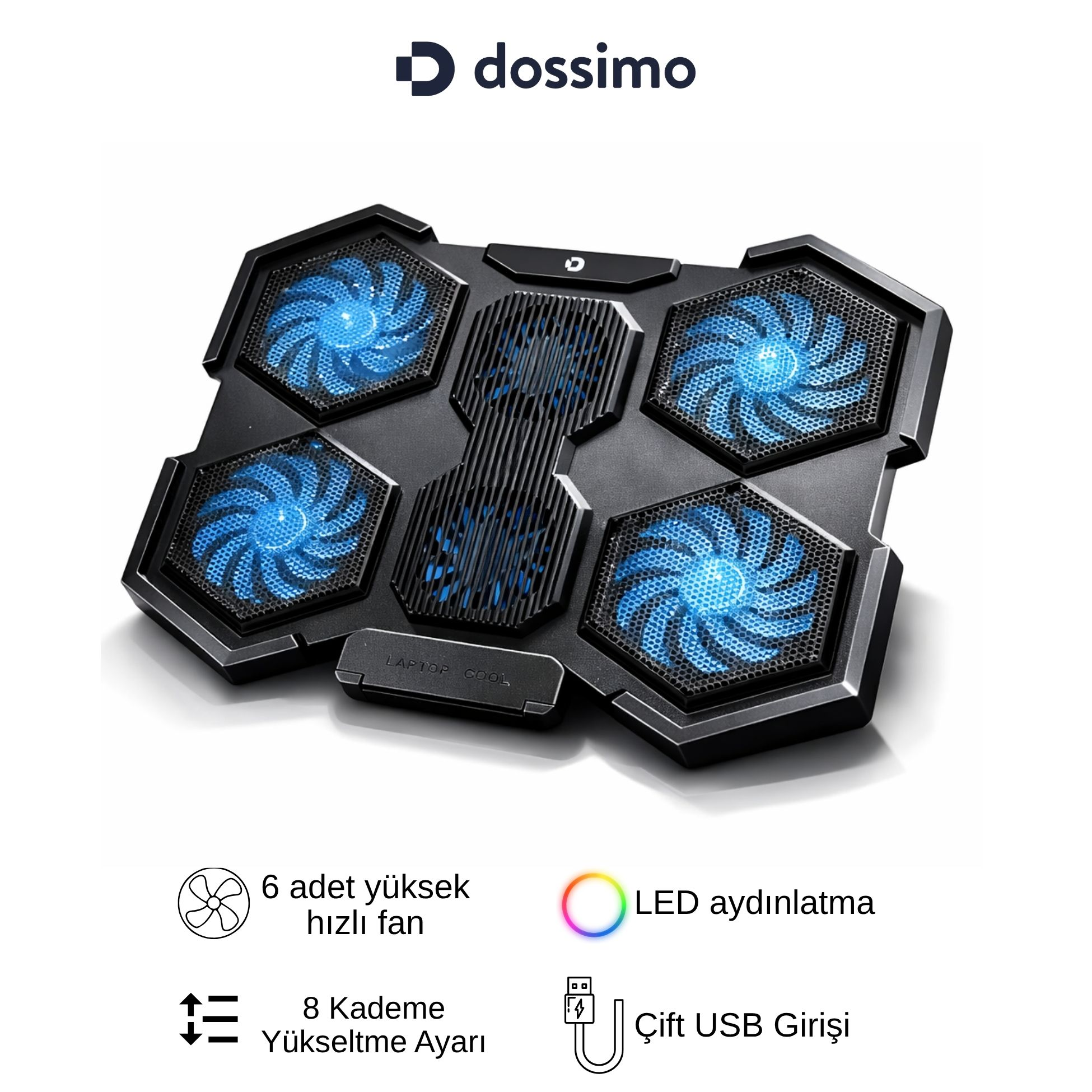 6 mavi fanlı ve LED aydınlatmalı siyah laptop soğutucu.