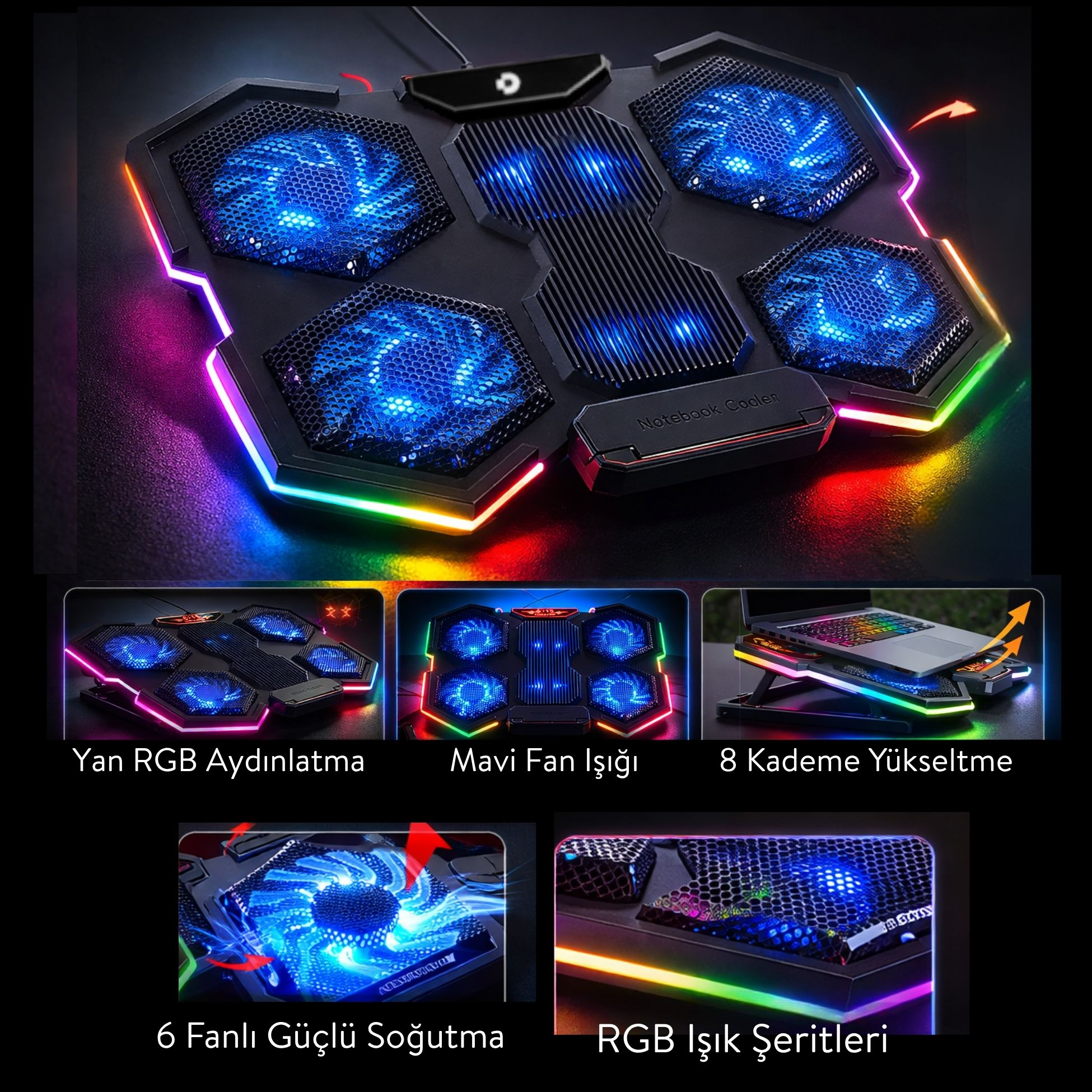 Mavi fanlı ve RGB aydınlatmalı bir dizüstü bilgisayar soğutucu.